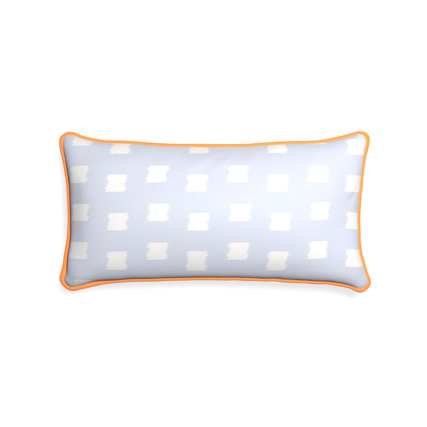 Midi-lumbar denton custom sky blue patternpillow with clementine piping on white background