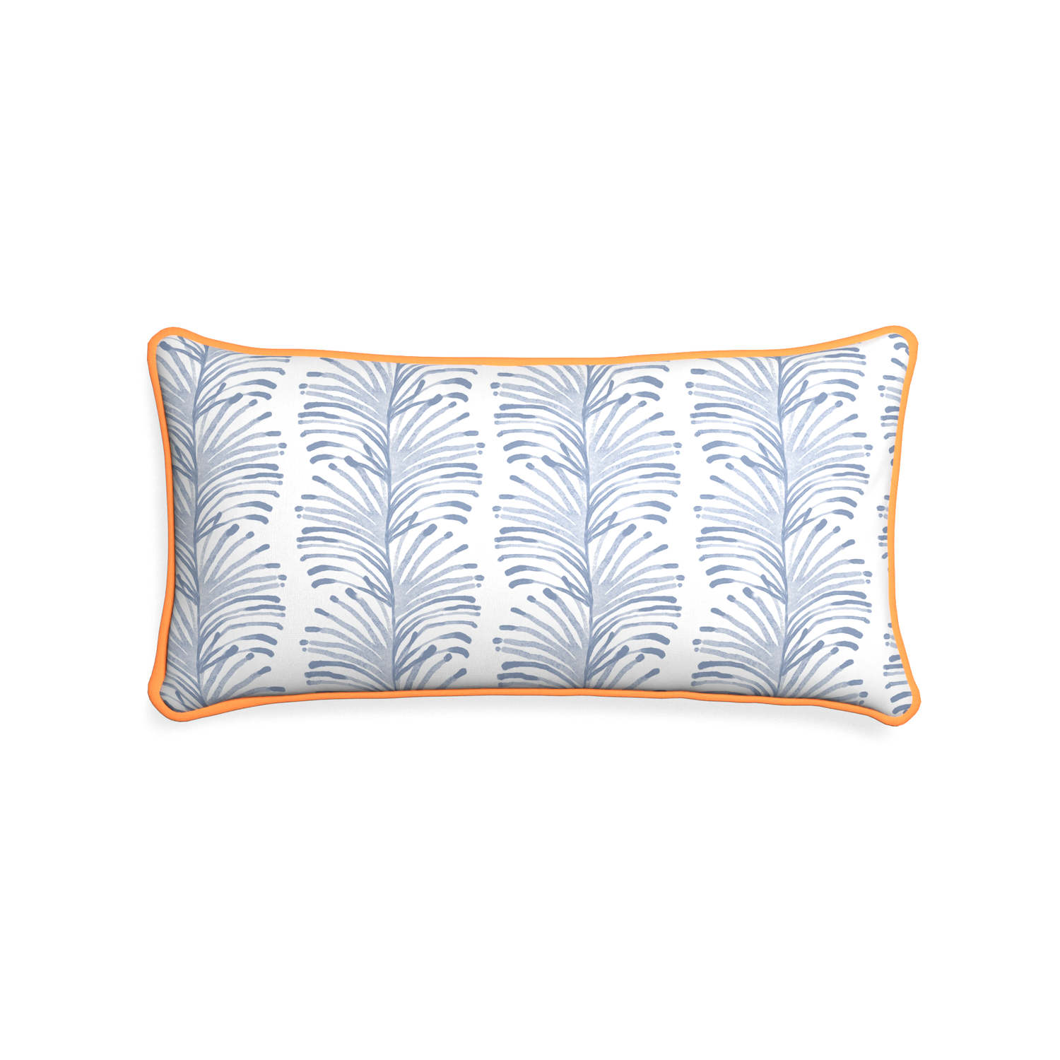 Midi-lumbar emma sky custom sky blue botanical stripepillow with clementine piping on white background