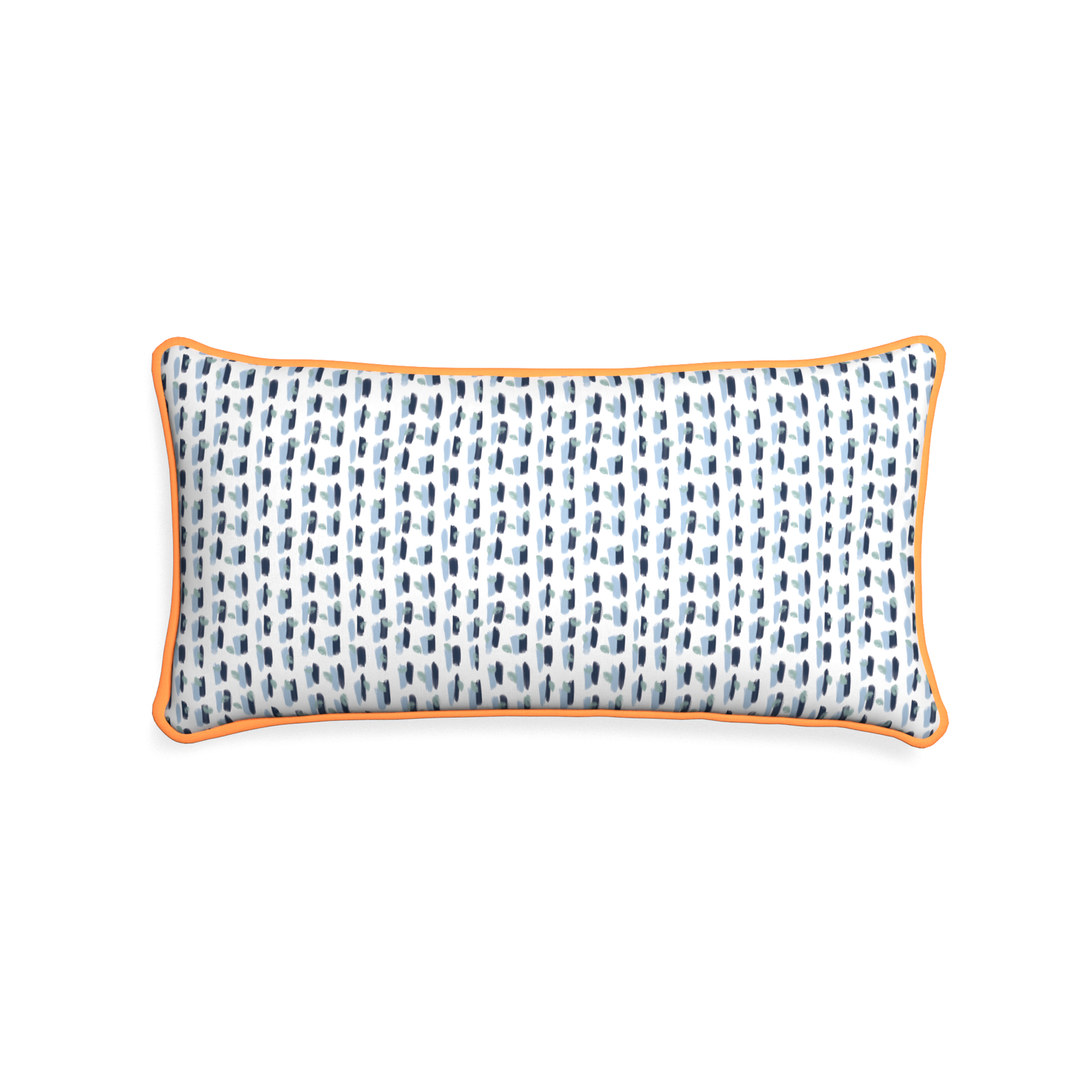 Midi-lumbar poppy custom blue and whitepillow with clementine piping on white background
