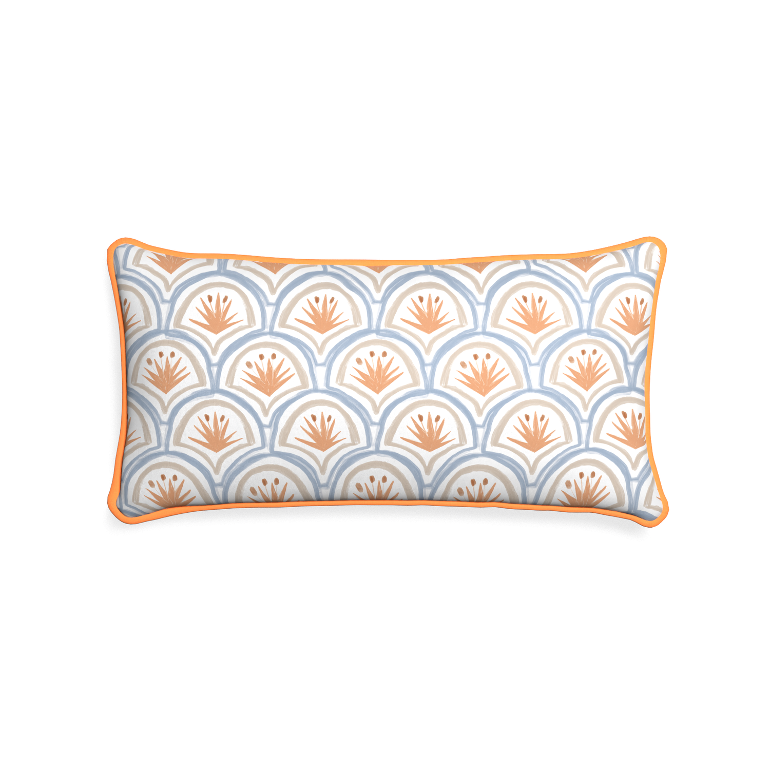 Midi-lumbar thatcher apricot custom art deco palm patternpillow with clementine piping on white background