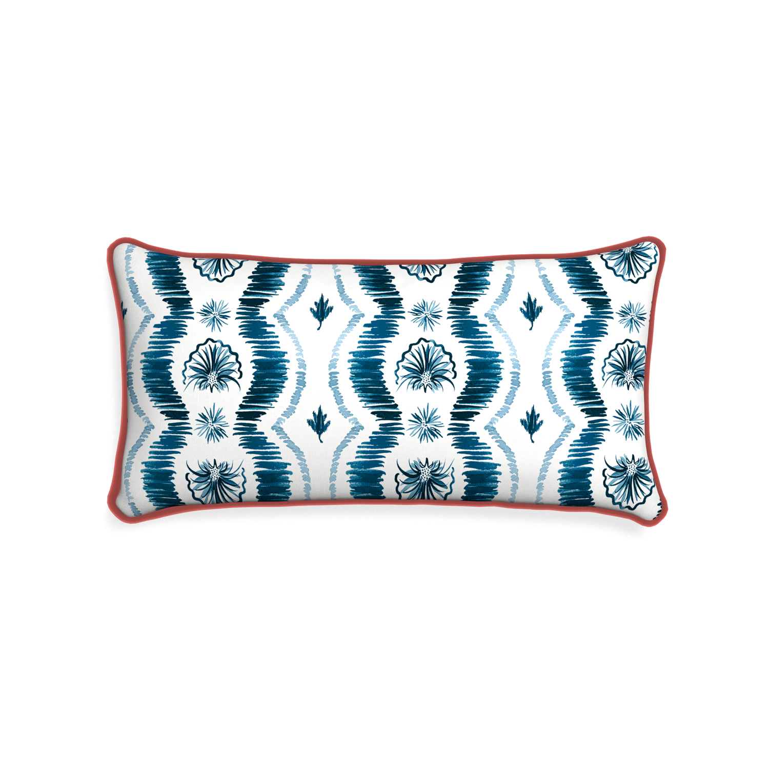Midi-lumbar alice custom blue ikatpillow with c piping on white background