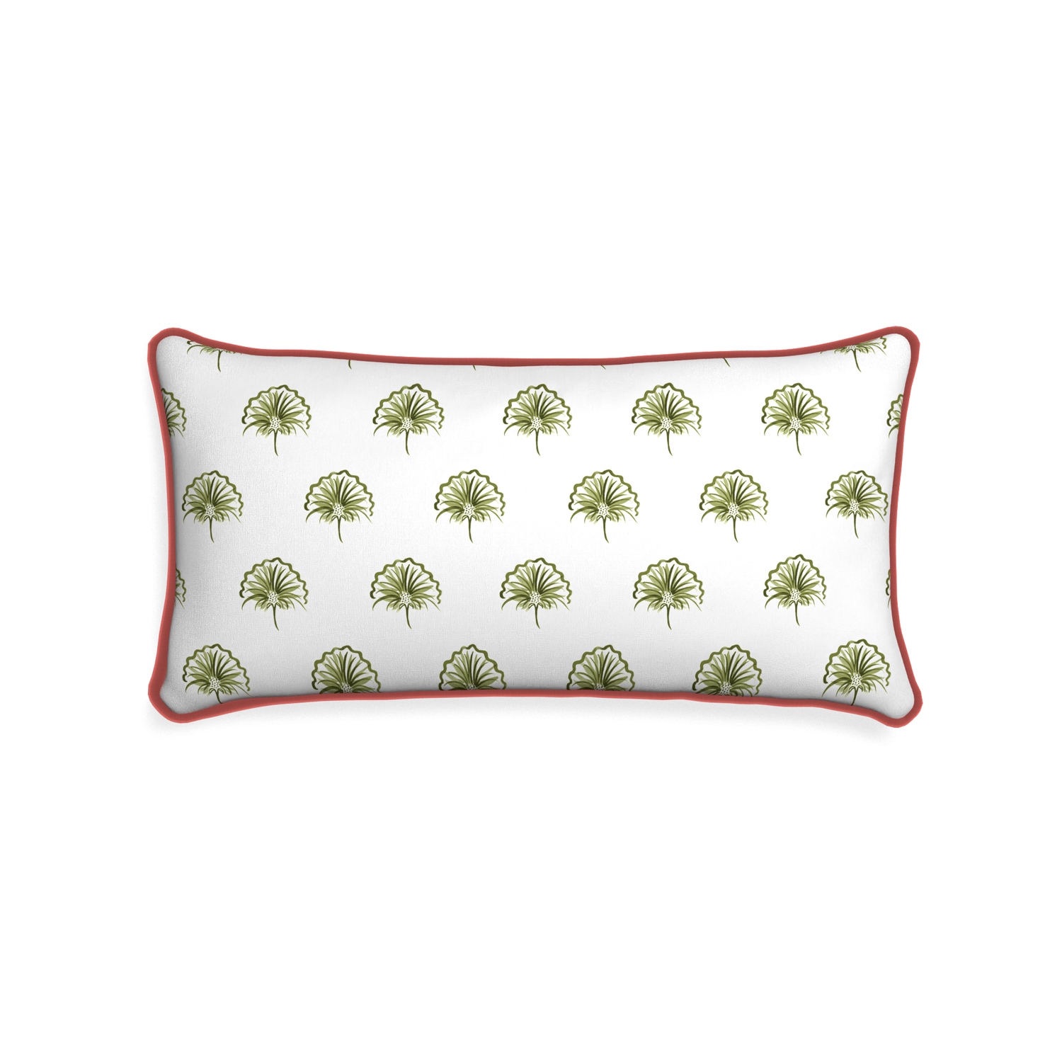 Midi-lumbar penelope moss custom green floralpillow with c piping on white background