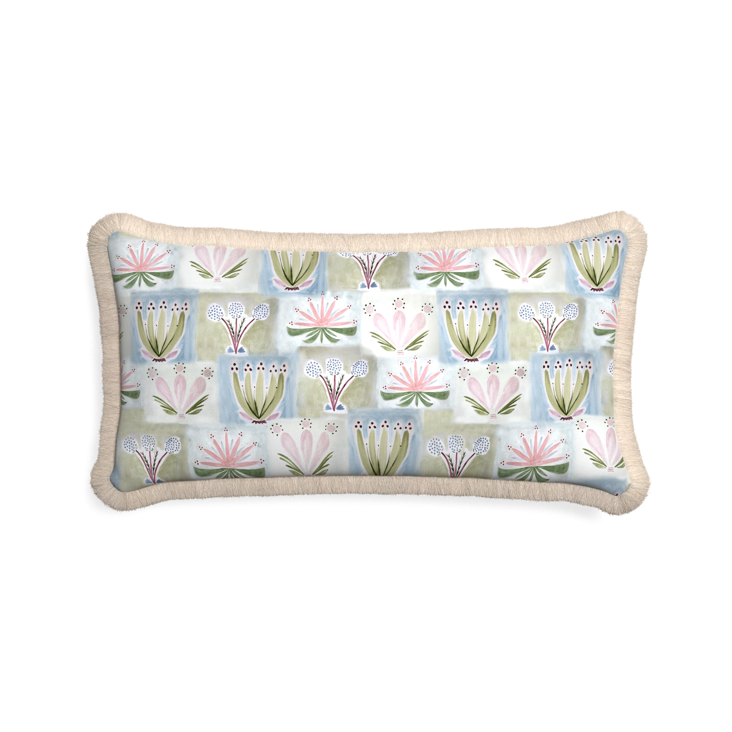 Midi-lumbar harper custom hand-painted floralpillow with cream fringe on white background