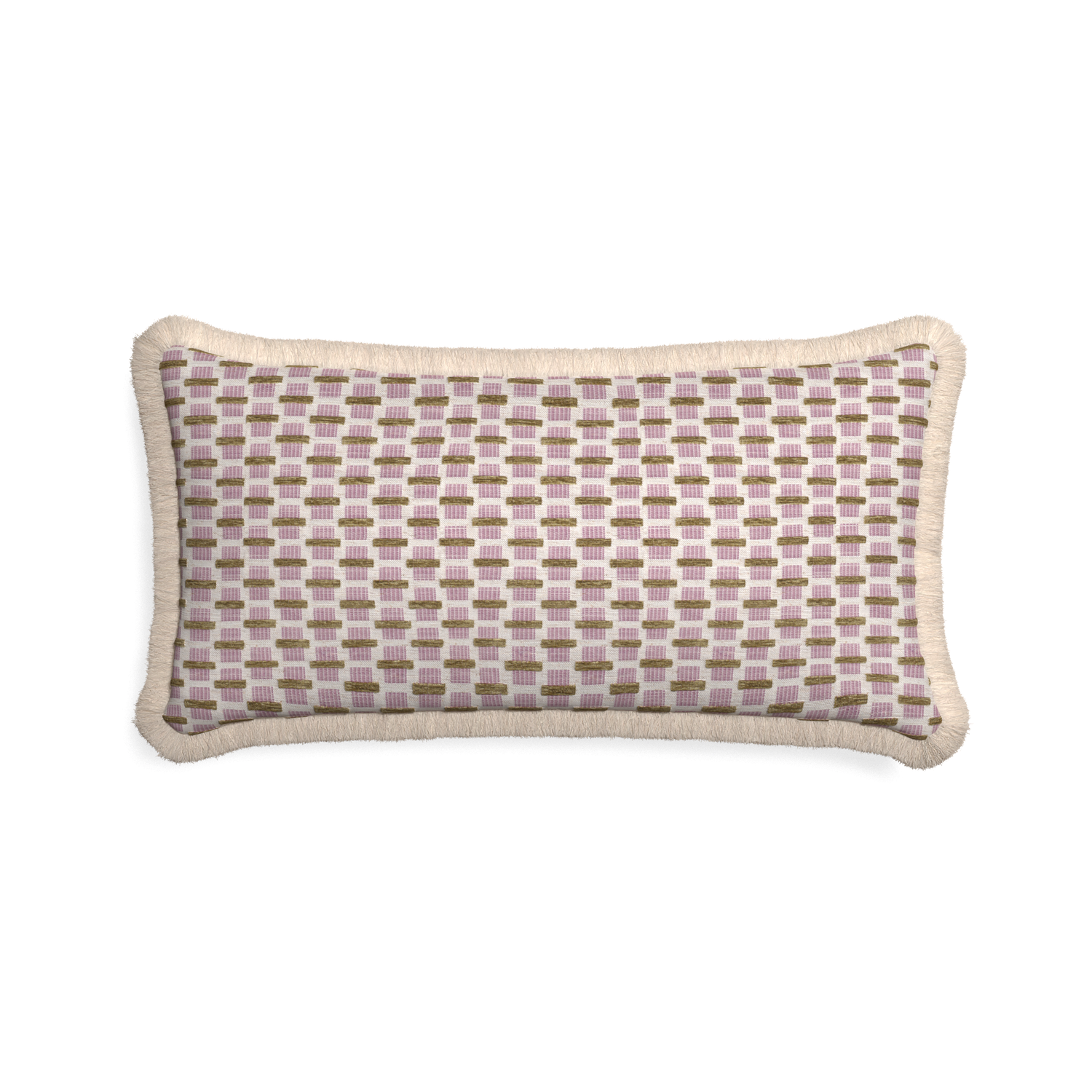 Midi-lumbar willow orchid custom pink geometric chenillepillow with cream fringe on white background
