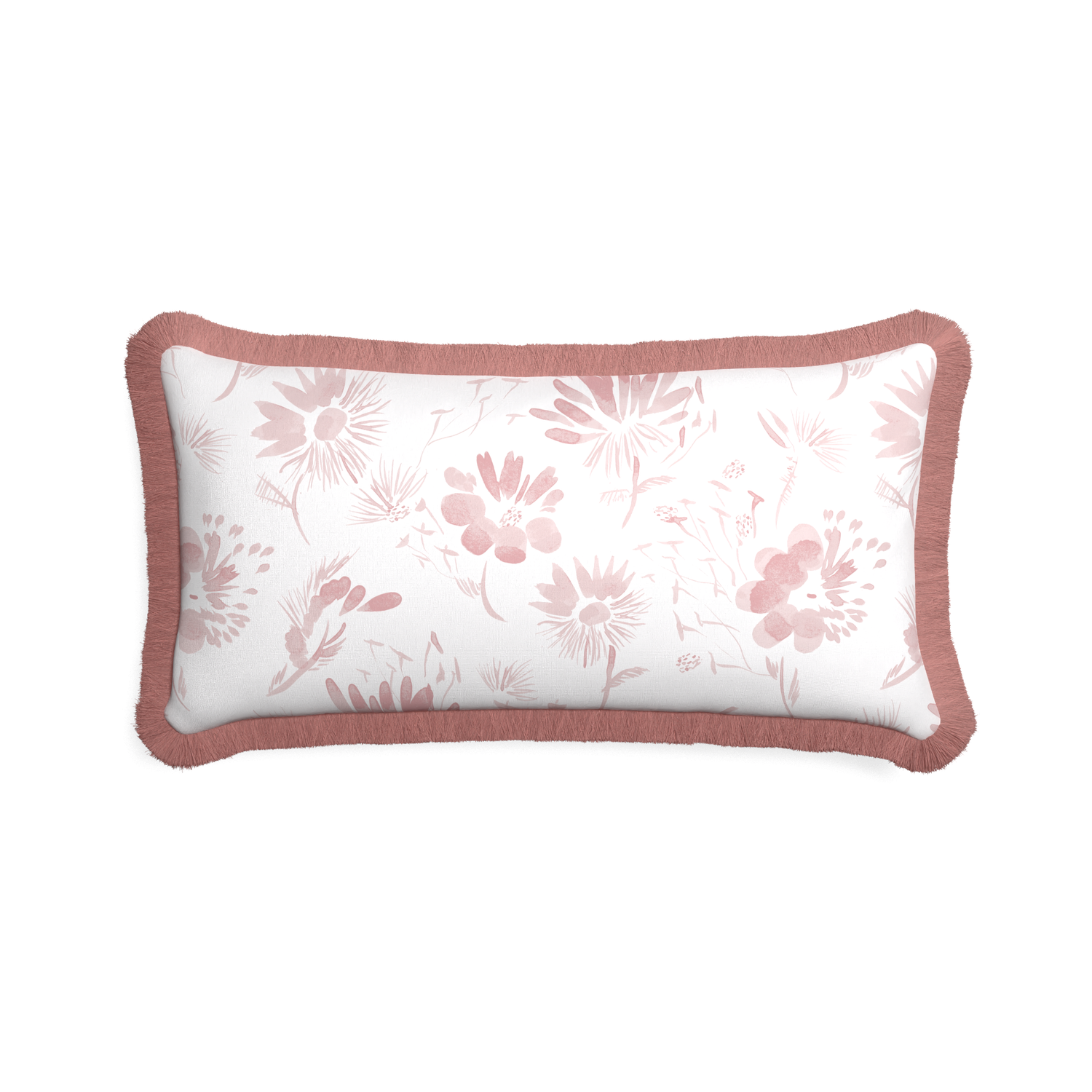 Midi-lumbar blake custom pink floralpillow with d fringe on white background