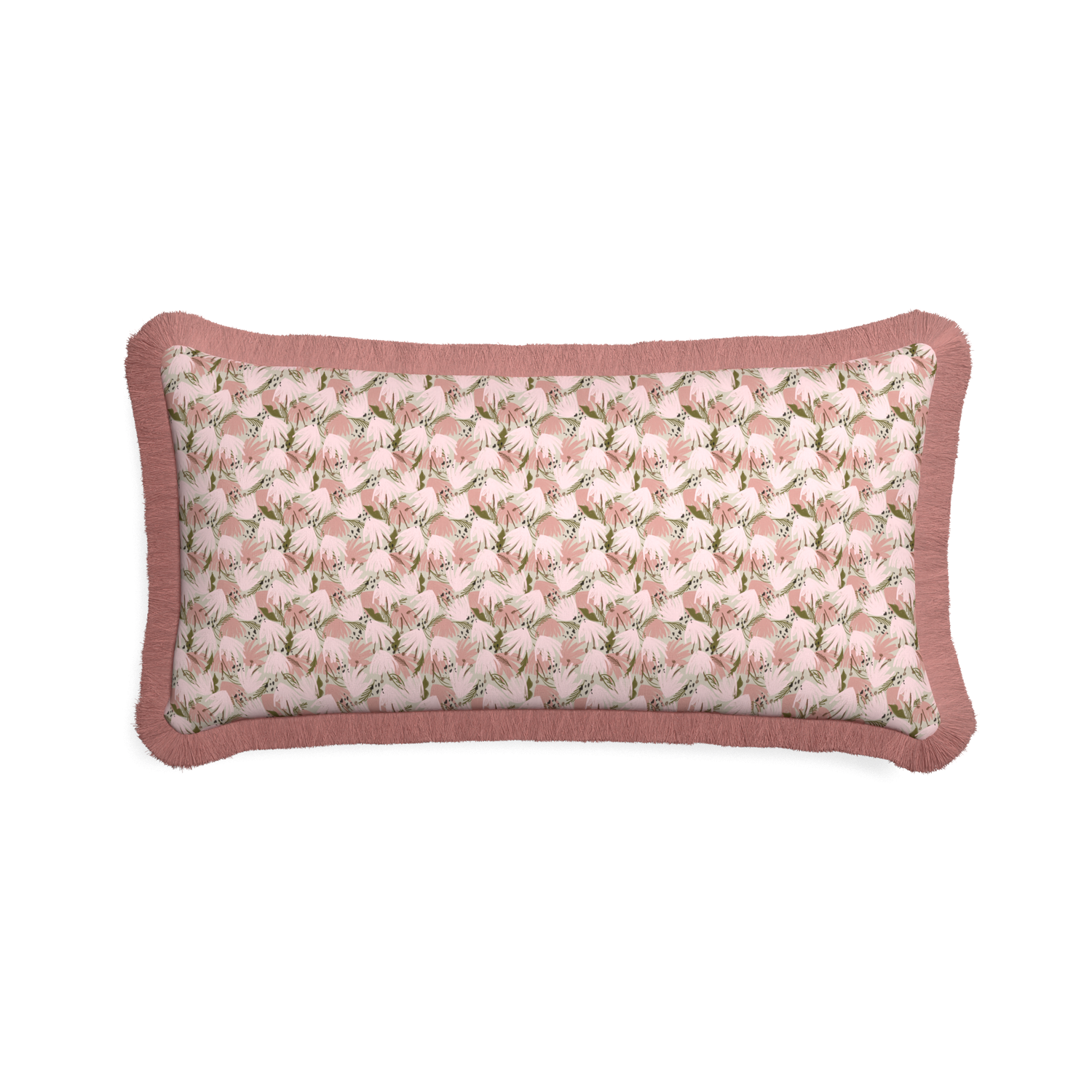 Midi-lumbar eden pink custom pink floralpillow with d fringe on white background