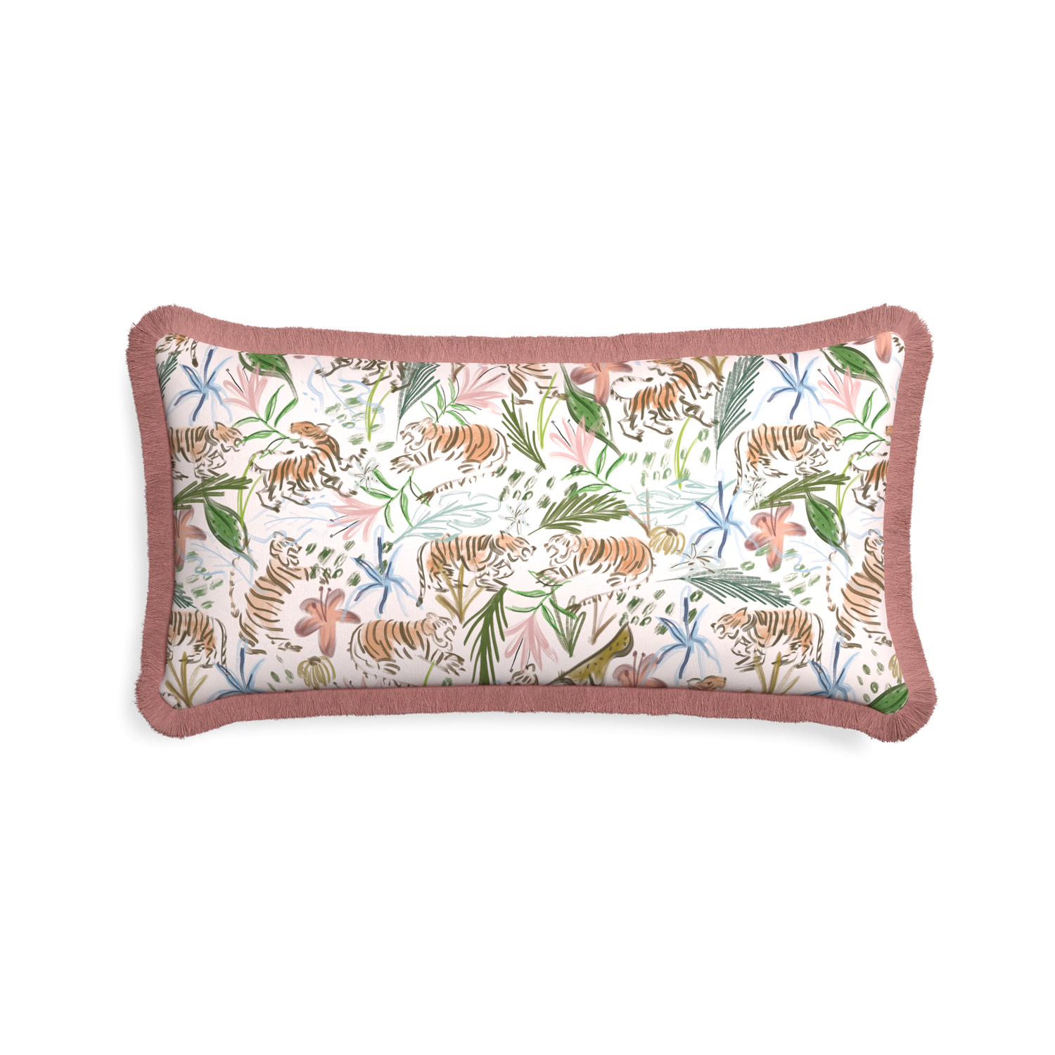 Midi-lumbar frida pink custom pink chinoiserie tigerpillow with d fringe on white background