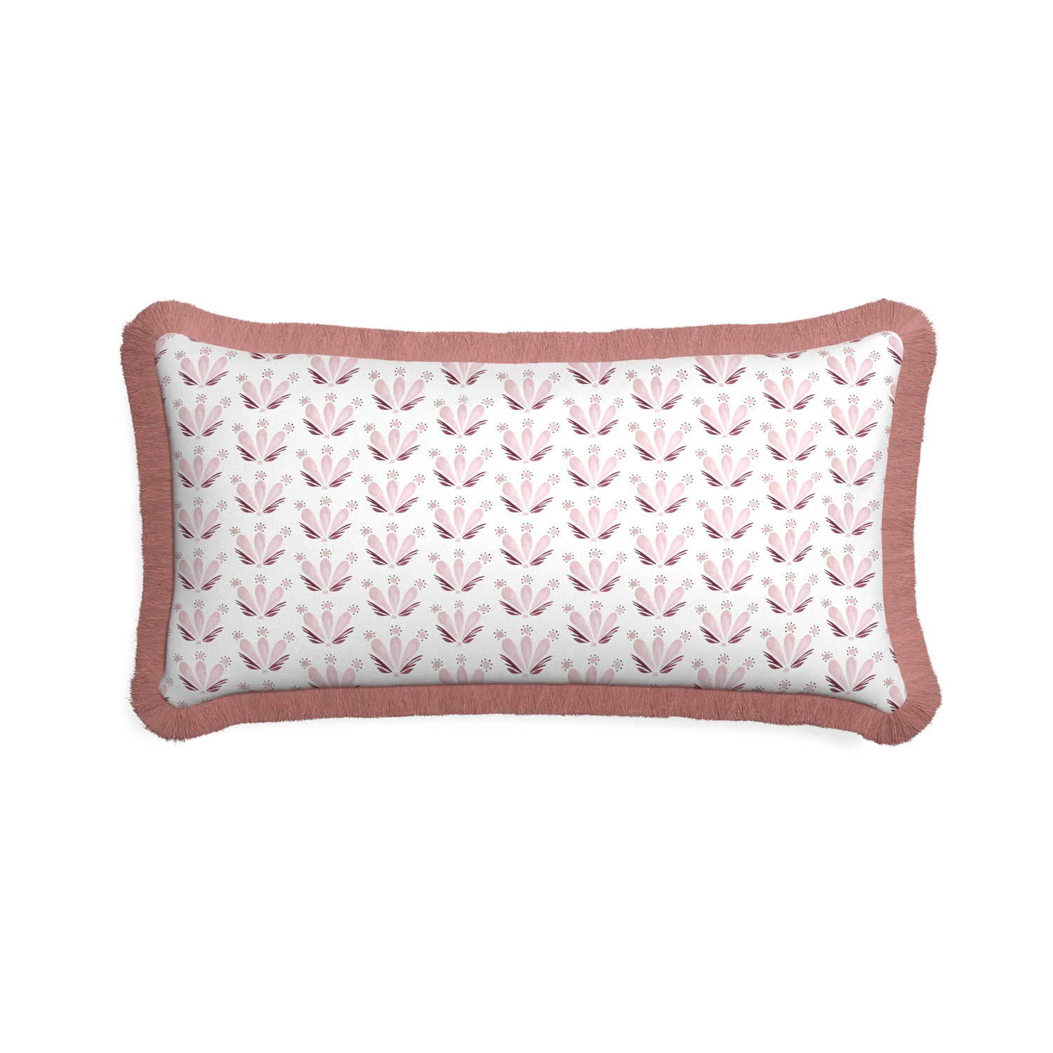 Midi-lumbar serena pink custom pink & burgundy drop repeat floralpillow with d fringe on white background