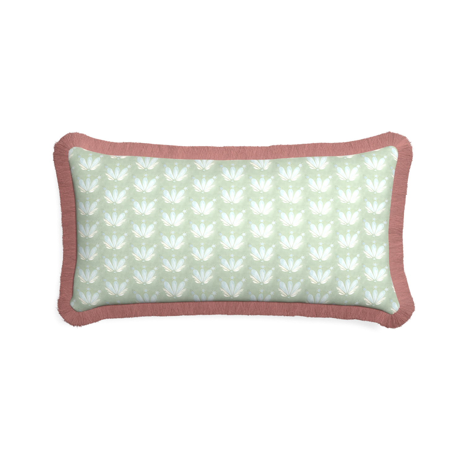 Midi-lumbar serena sea salt custom blue & green floral drop repeatpillow with d fringe on white background