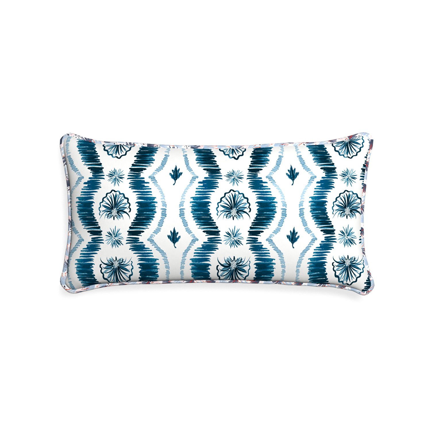 Midi-lumbar alice custom blue ikatpillow with e piping on white background