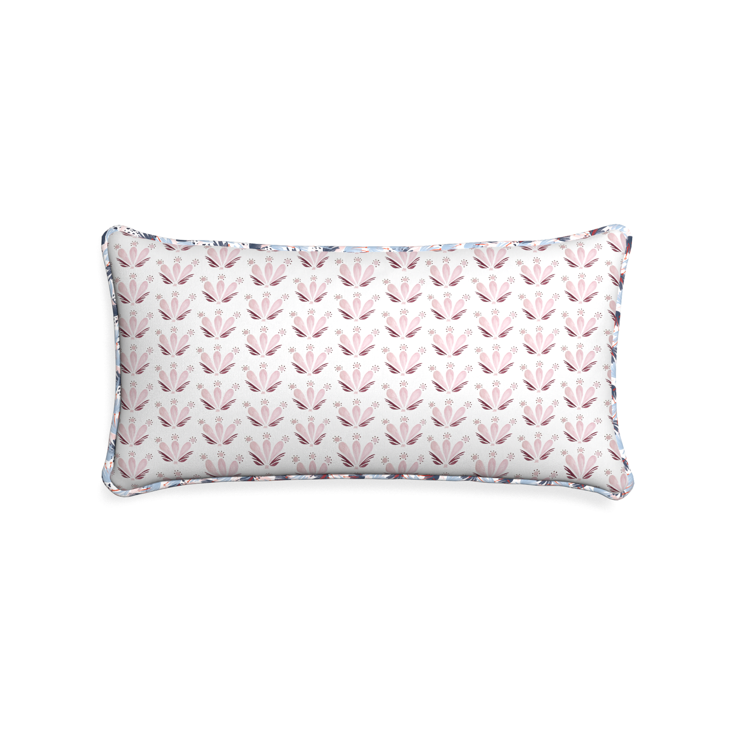 Midi-lumbar serena pink custom pink & burgundy drop repeat floralpillow with e piping on white background