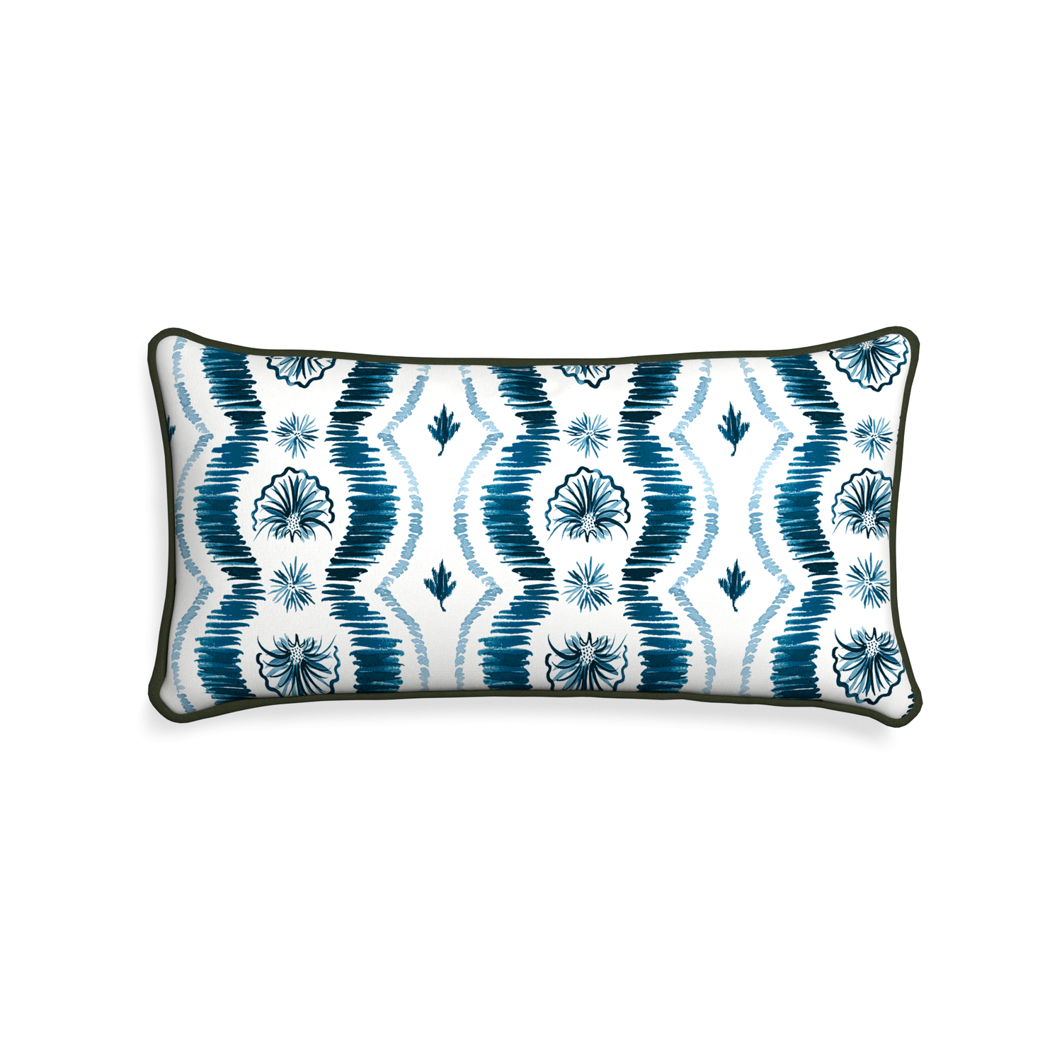 Midi-lumbar alice custom blue ikatpillow with f piping on white background