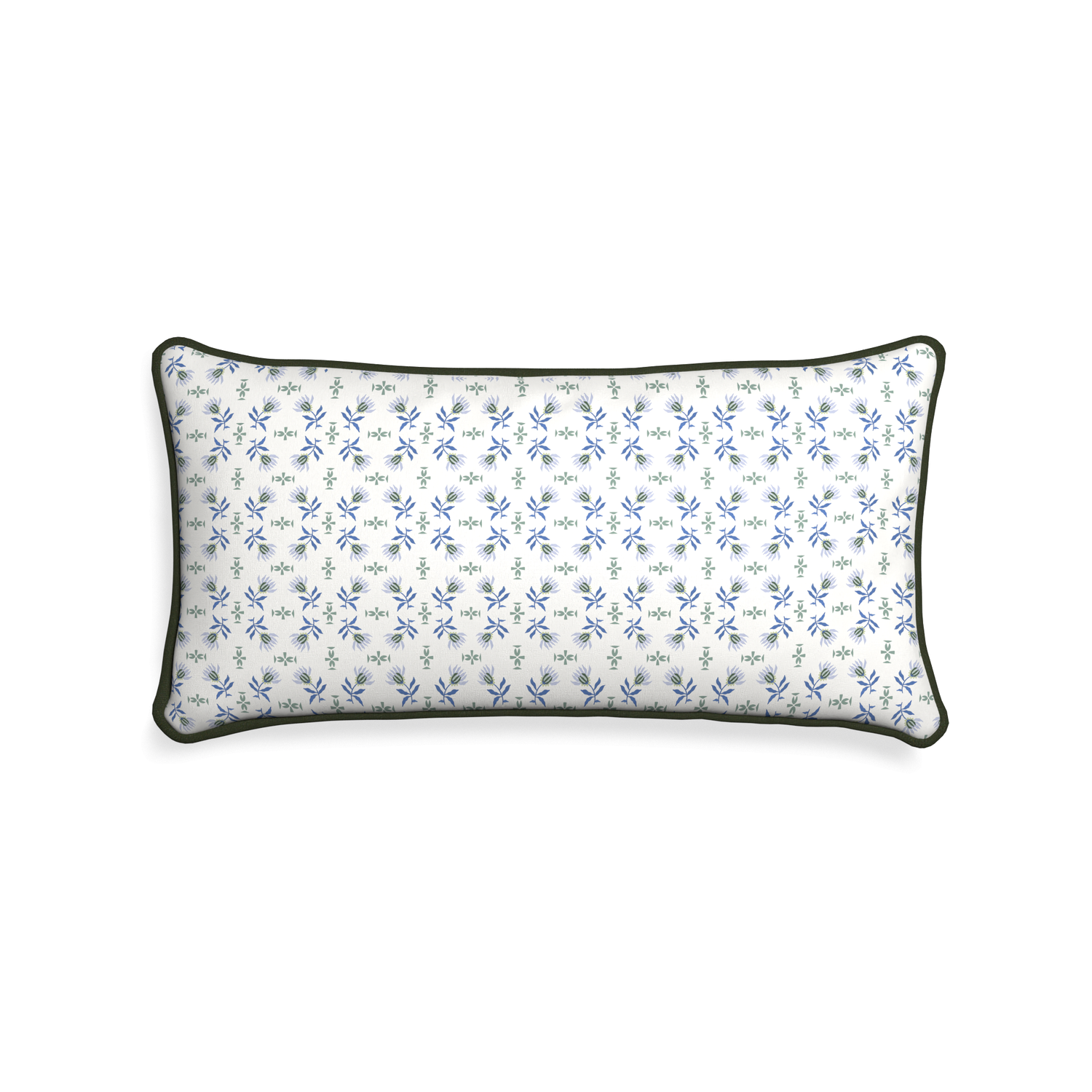 Midi-lumbar lee custom blue & green floralpillow with f piping on white background