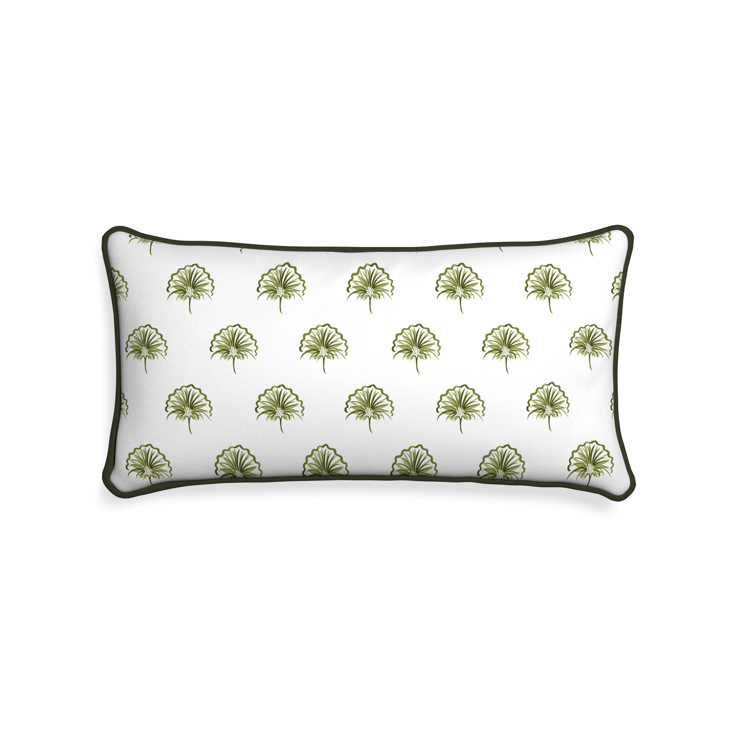 Midi-lumbar penelope moss custom green floralpillow with f piping on white background