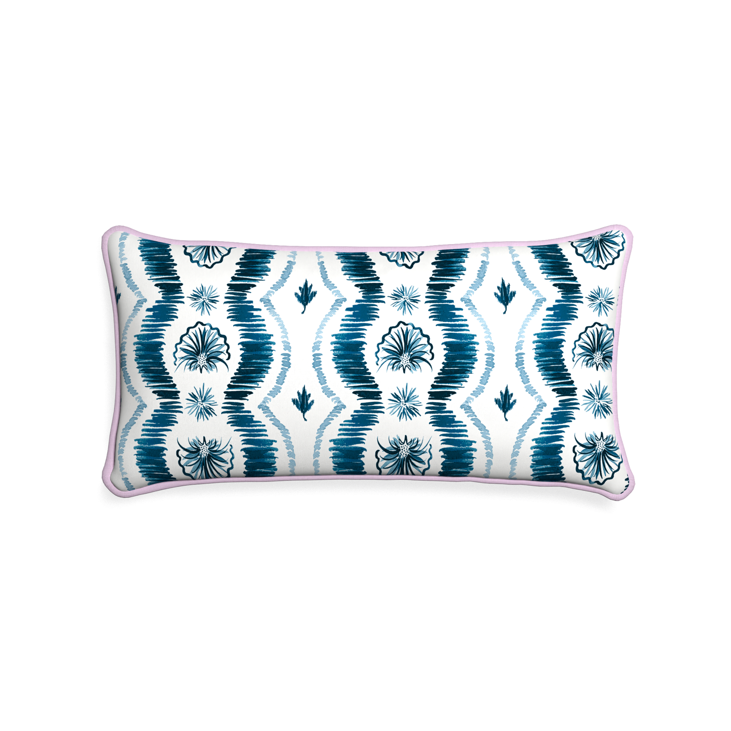 Midi-lumbar alice custom blue ikatpillow with l piping on white background
