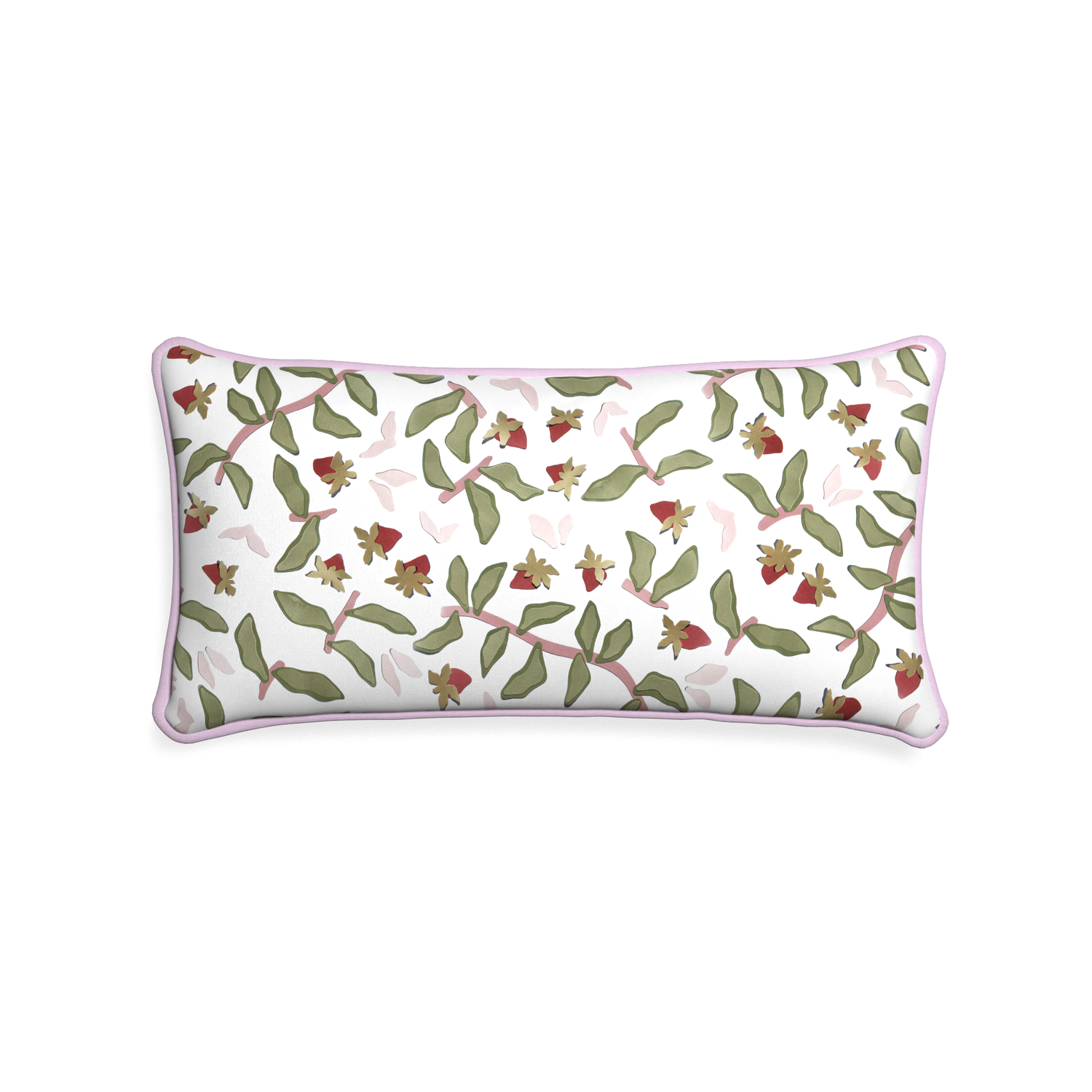 Midi-lumbar nellie custom strawberry & botanicalpillow with l piping on white background