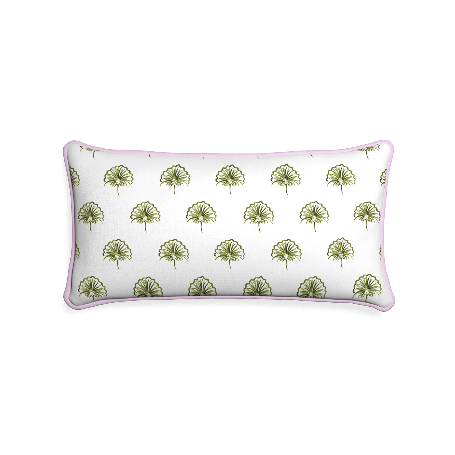 Midi-lumbar penelope moss custom green floralpillow with l piping on white background