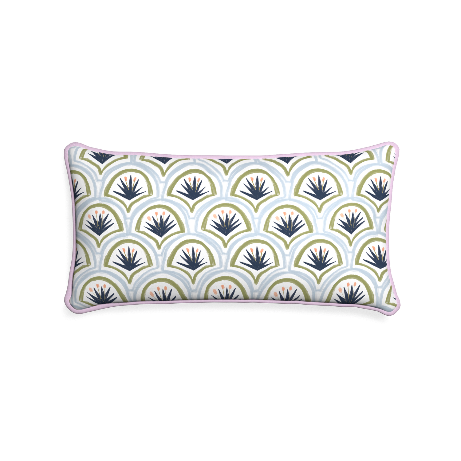 Midi-lumbar thatcher midnight custom art deco palm patternpillow with l piping on white background
