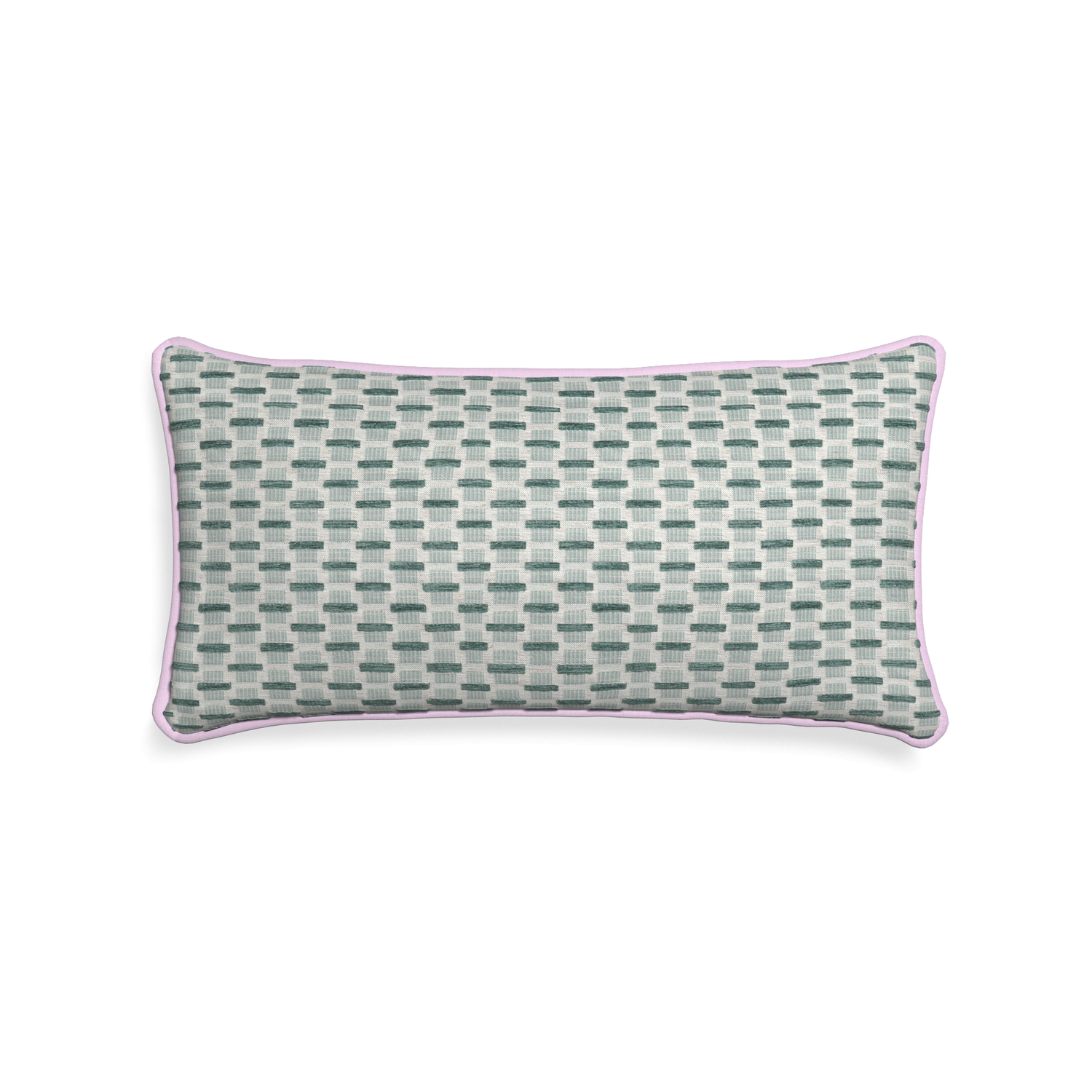 Midi-lumbar willow mint custom green geometric chenillepillow with l piping on white background