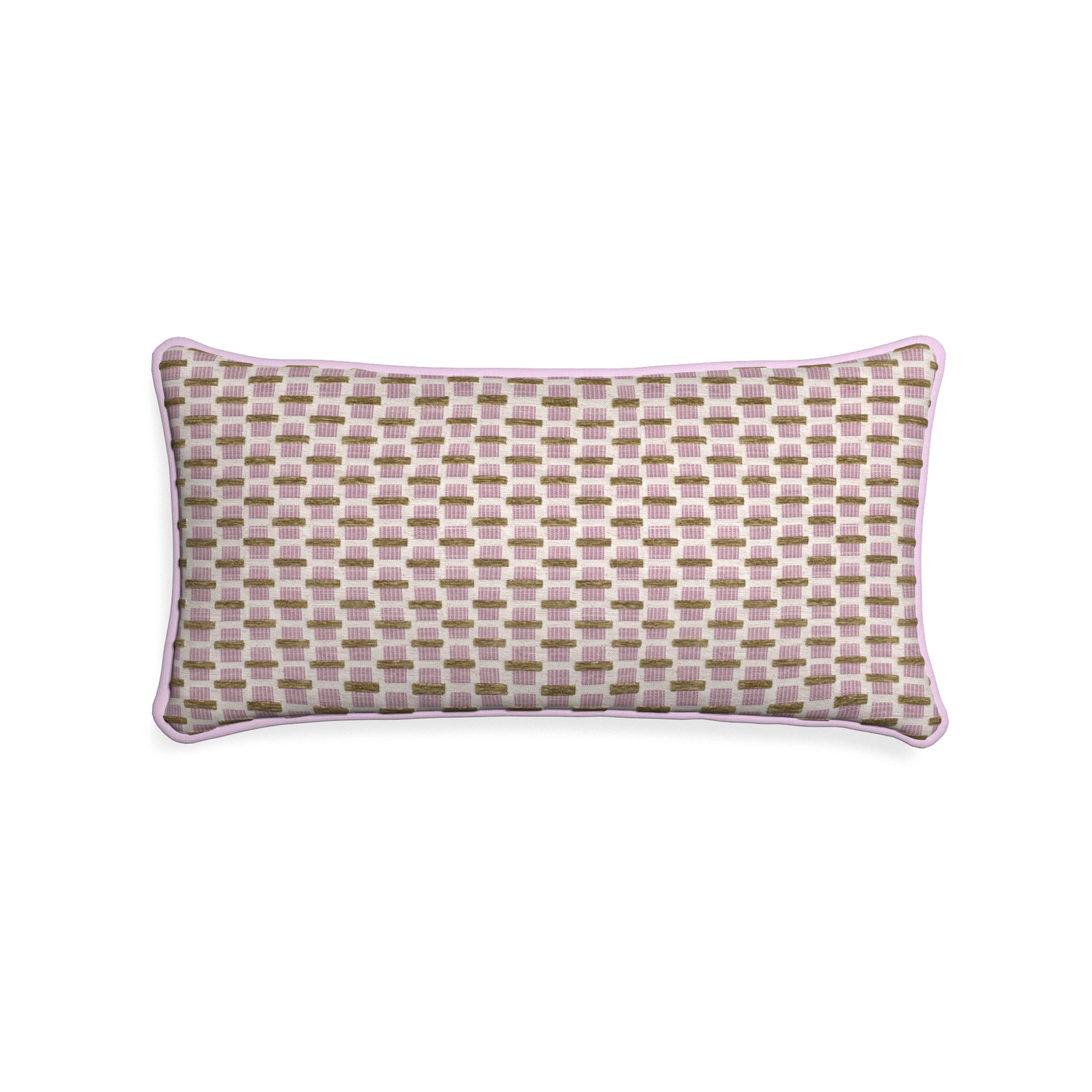 Midi-lumbar willow orchid custom pink geometric chenillepillow with l piping on white background