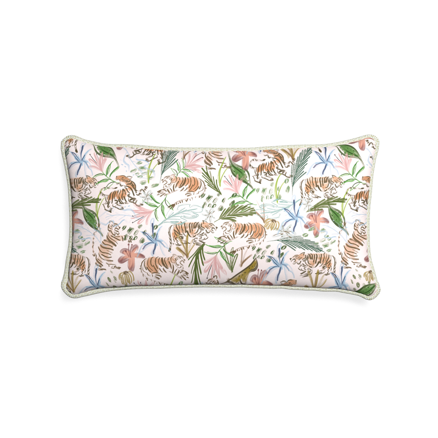 Midi-lumbar frida pink custom pink chinoiserie tigerpillow with l piping on white background