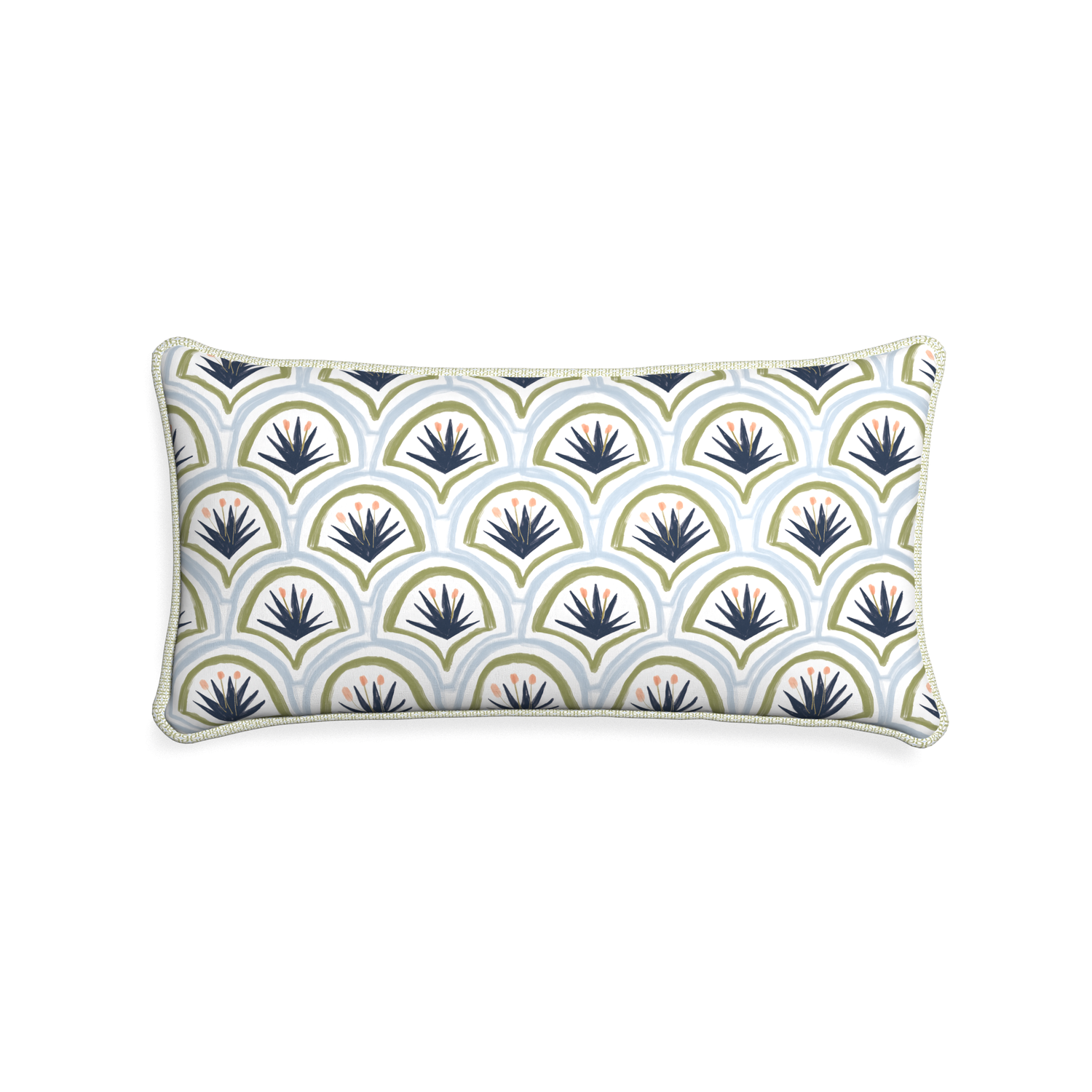 Midi-lumbar thatcher midnight custom art deco palm patternpillow with l piping on white background