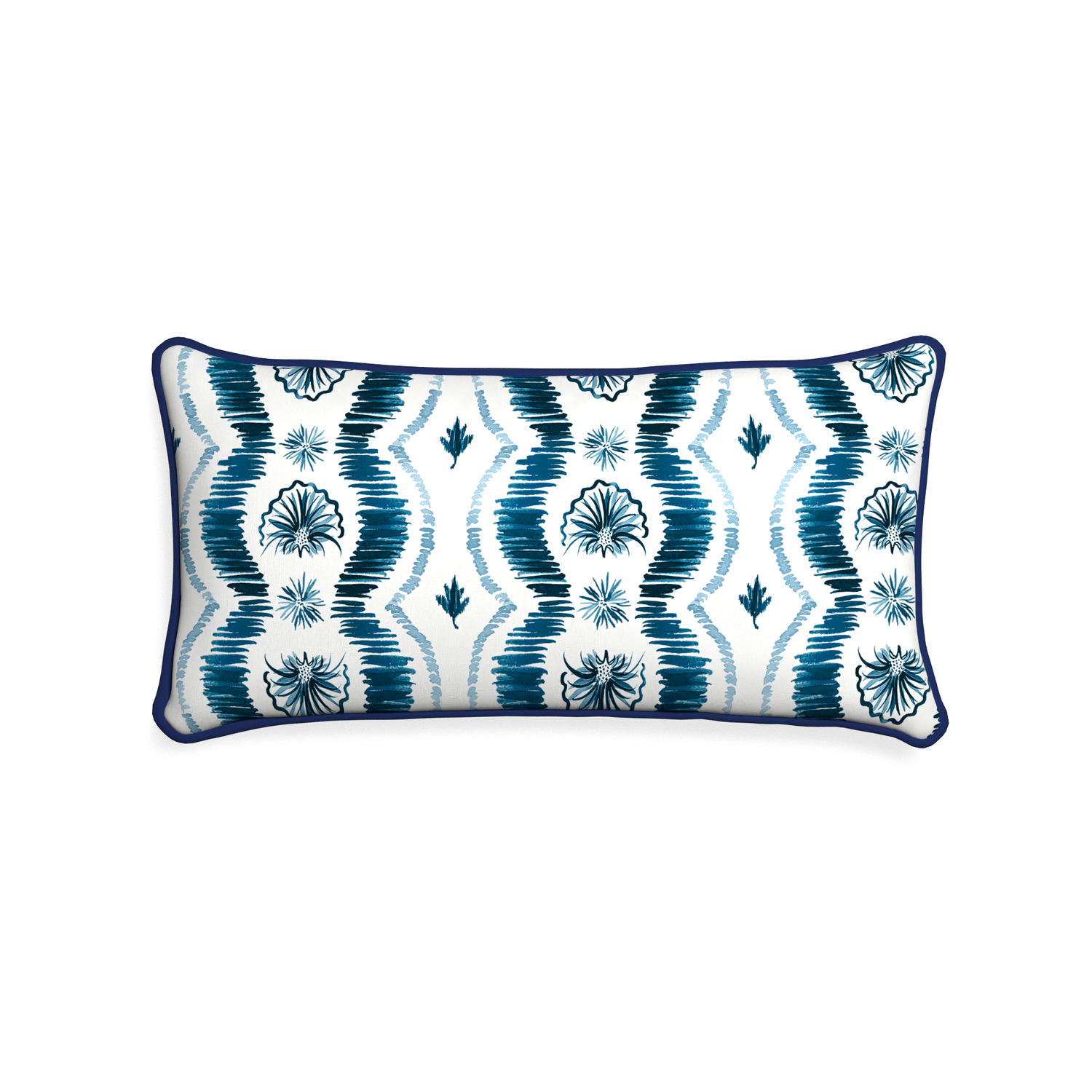Midi-lumbar alice custom blue ikatpillow with midnight piping on white background