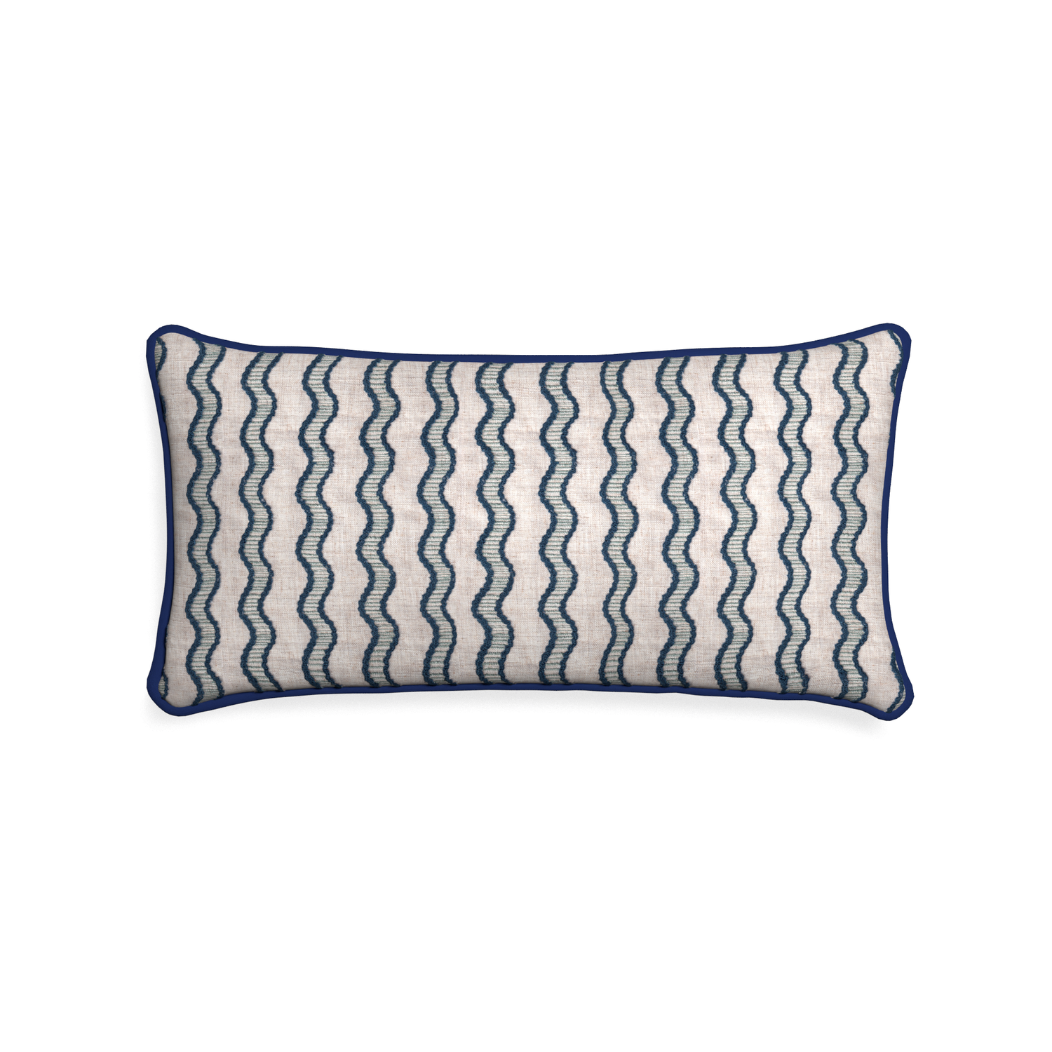 Midi-lumbar beatrice custom embroidered wavepillow with midnight piping on white background