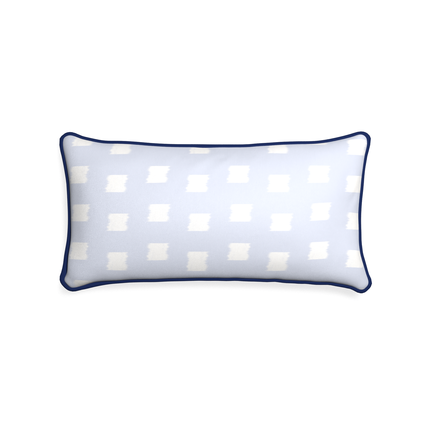 Midi-lumbar denton custom sky blue patternpillow with midnight piping on white background