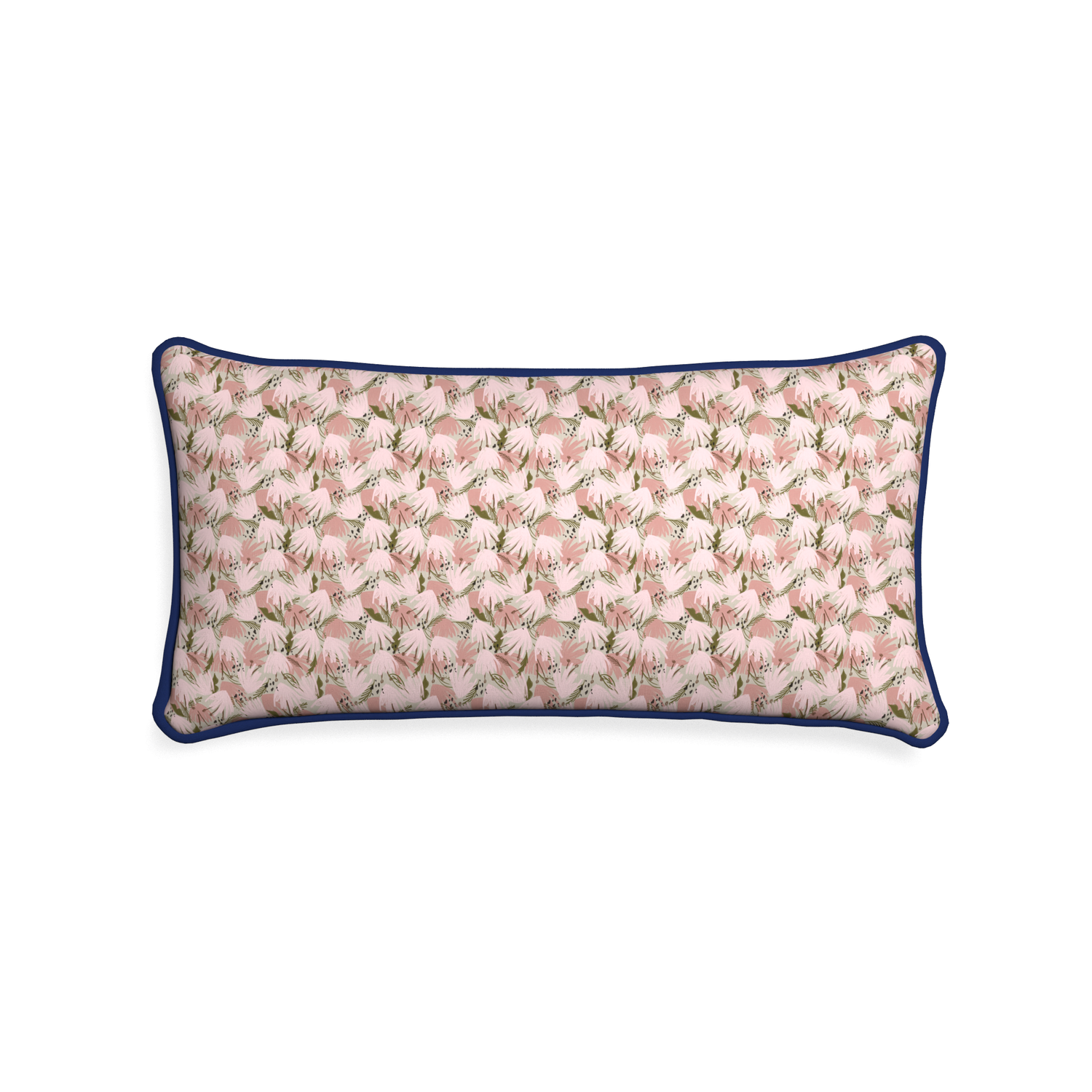 Midi-lumbar eden pink custom pink floralpillow with midnight piping on white background