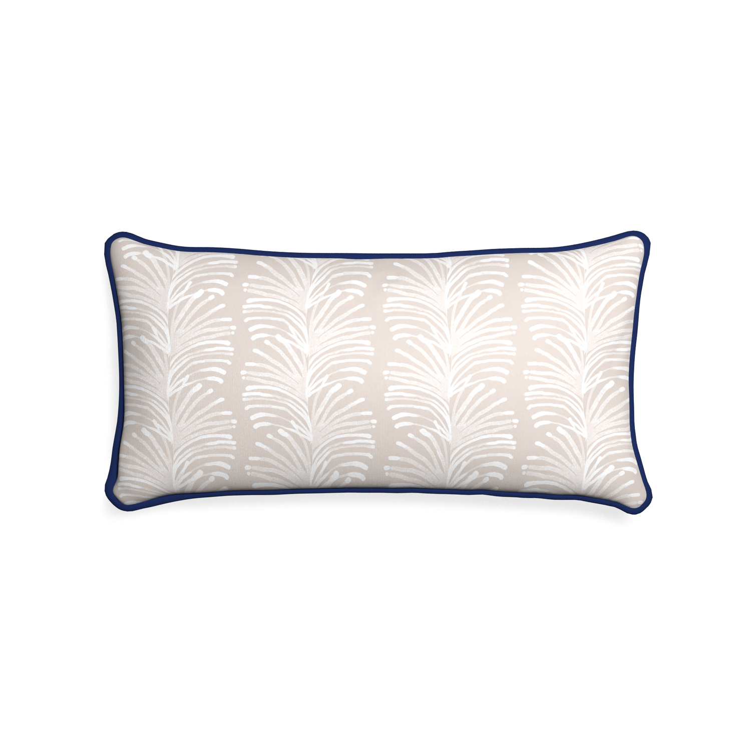 Midi-lumbar emma sand custom sand colored botanical stripepillow with midnight piping on white background