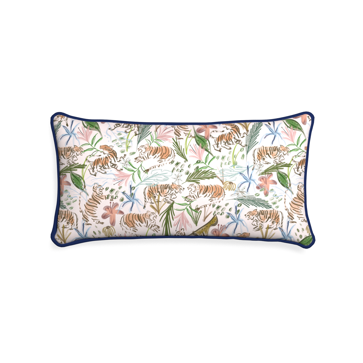 Midi-lumbar frida pink custom pink chinoiserie tigerpillow with midnight piping on white background