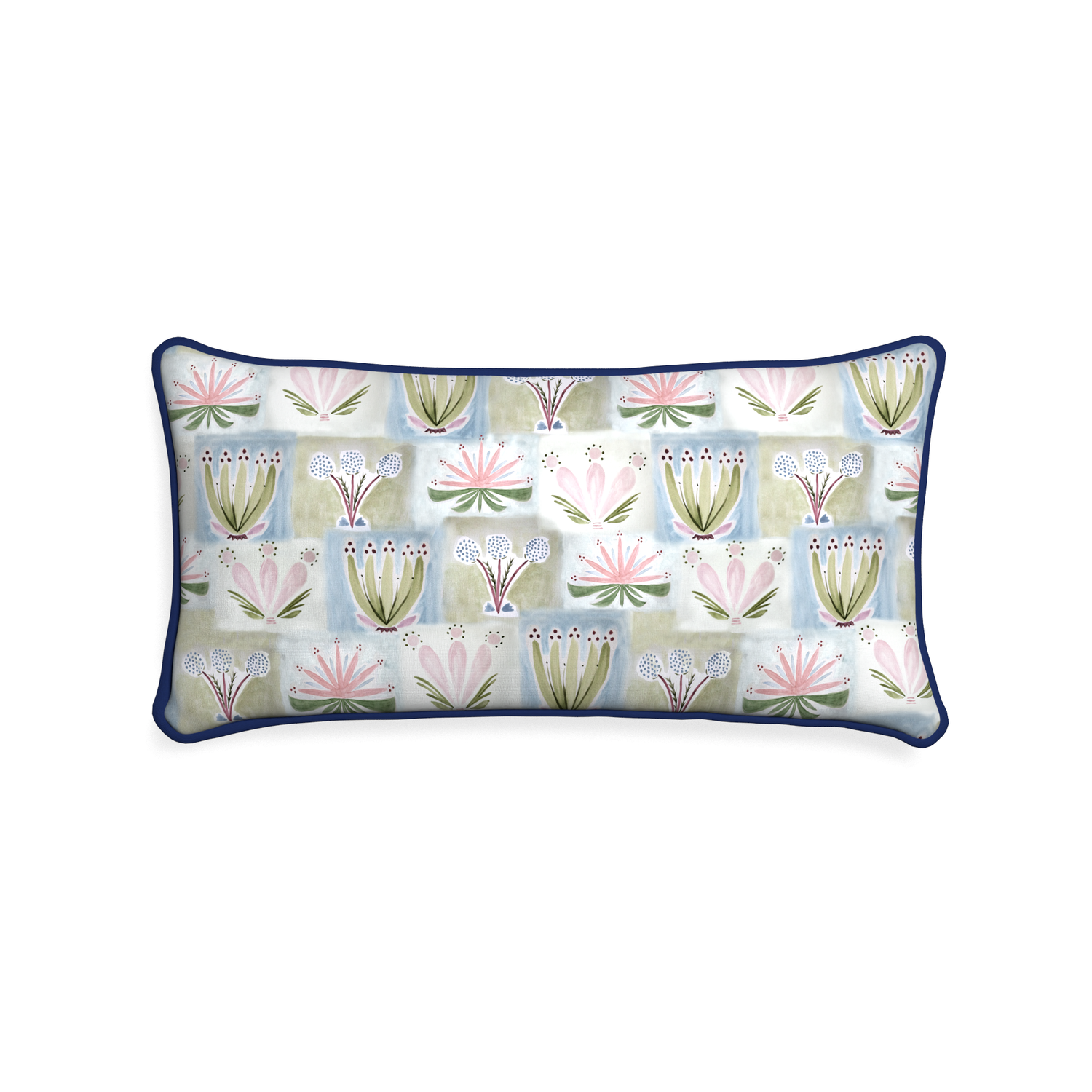 Midi-lumbar harper custom hand-painted floralpillow with midnight piping on white background