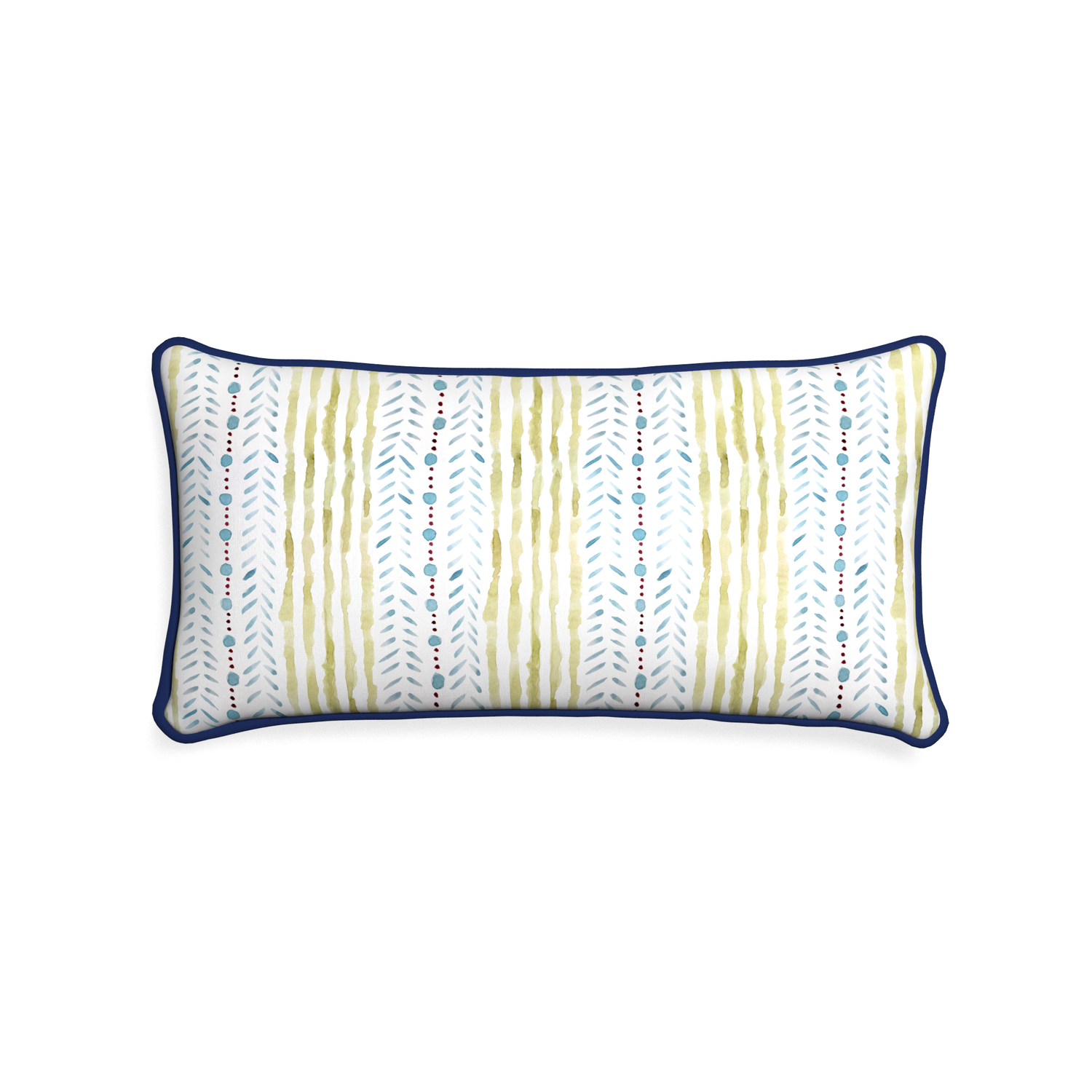 Midi-lumbar julia custom blue & green stripedpillow with midnight piping on white background