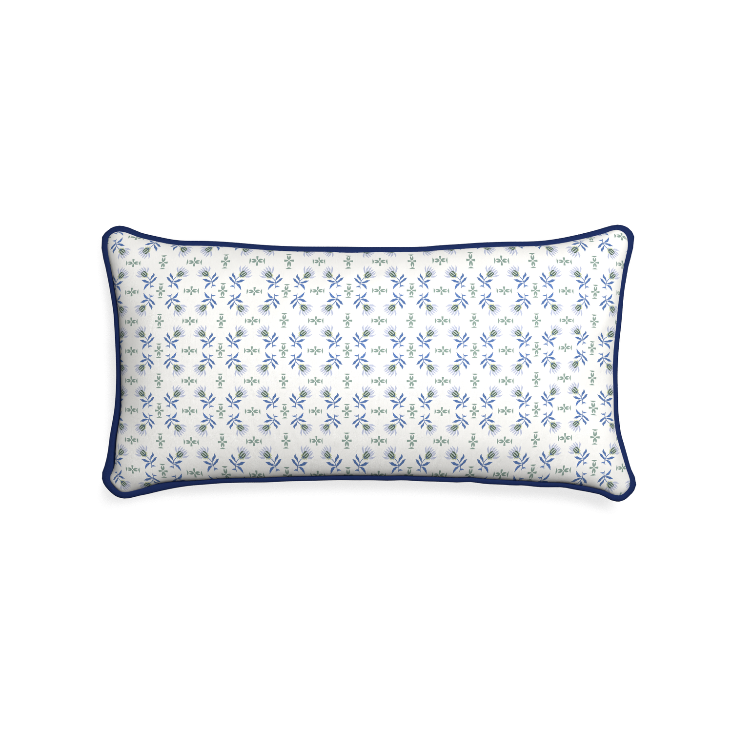 Midi-lumbar lee custom blue & green floralpillow with midnight piping on white background