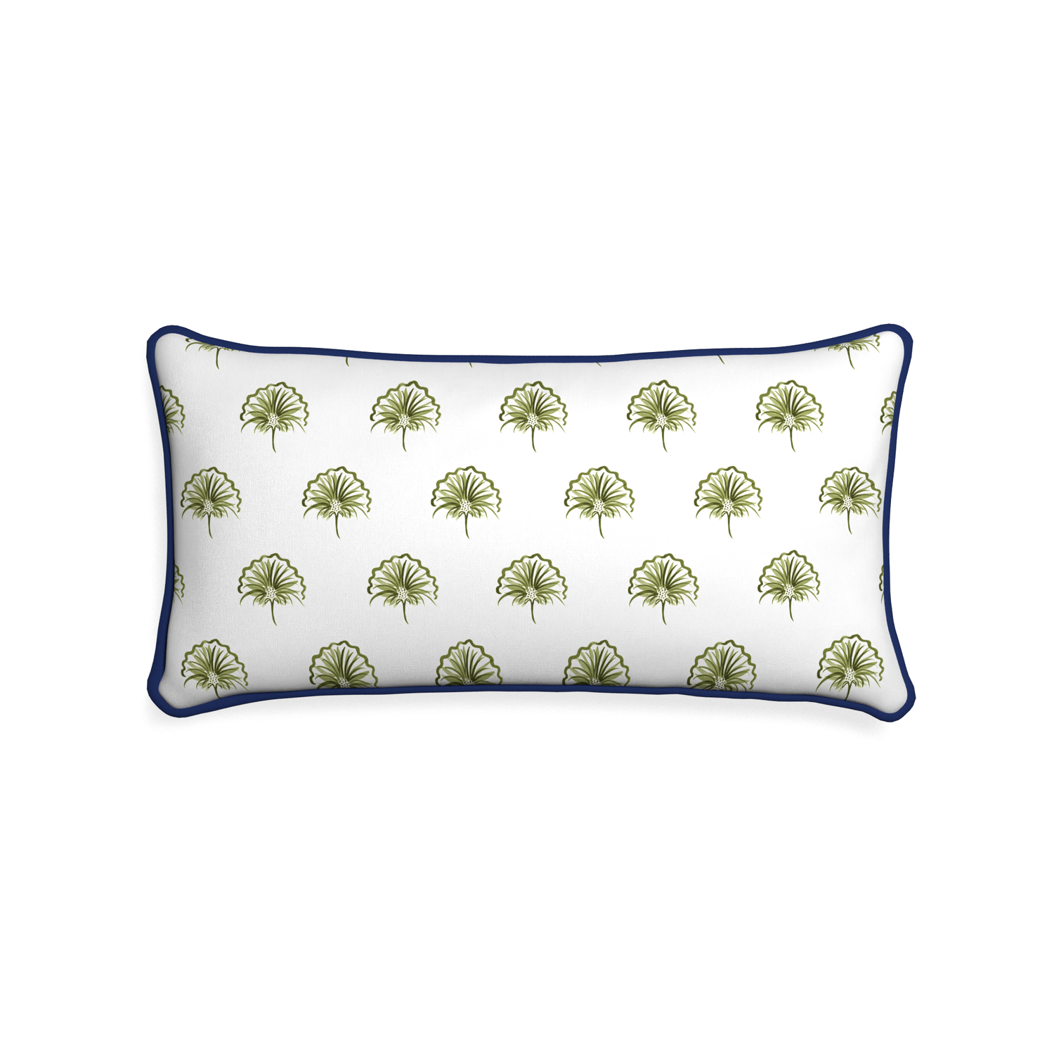 Midi-lumbar penelope moss custom green floralpillow with midnight piping on white background