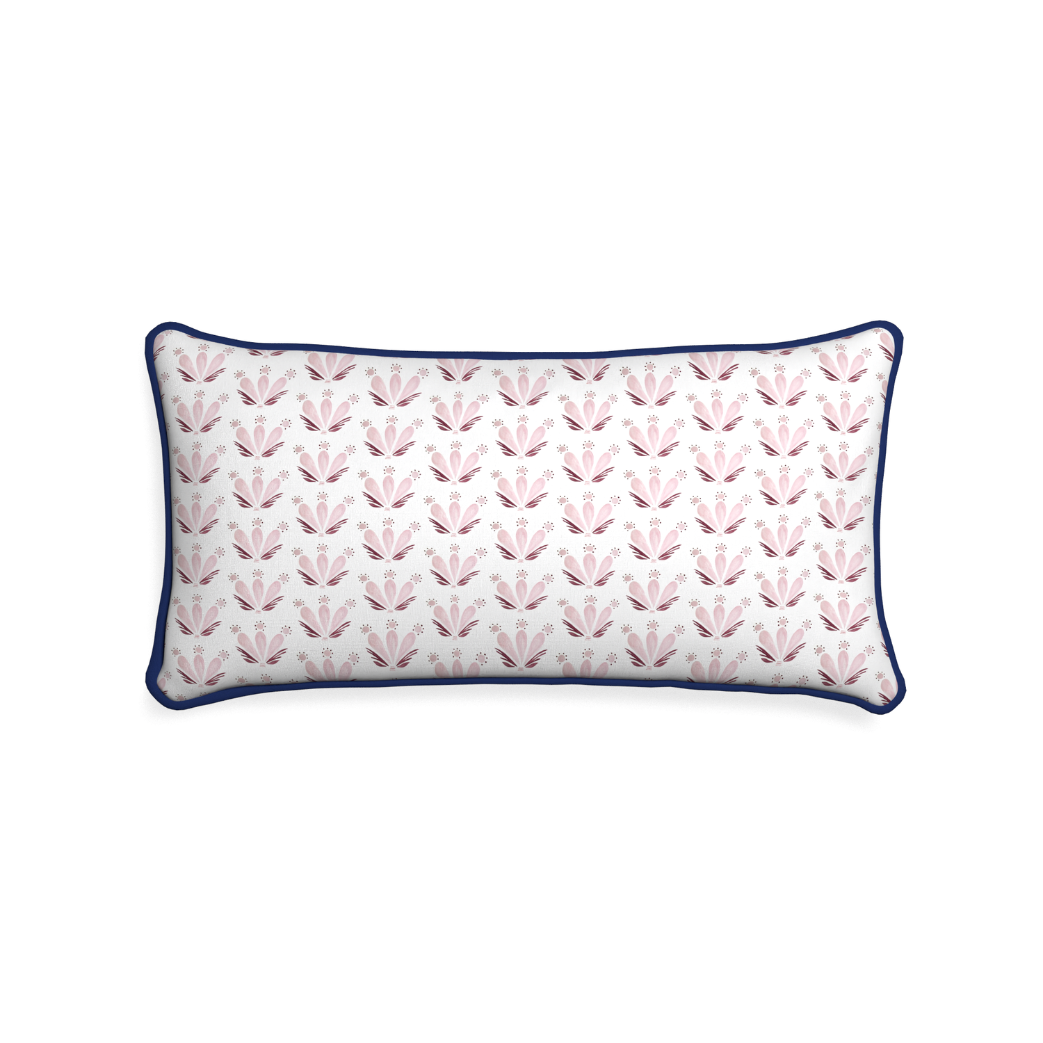 Midi-lumbar serena pink custom pink & burgundy drop repeat floralpillow with midnight piping on white background