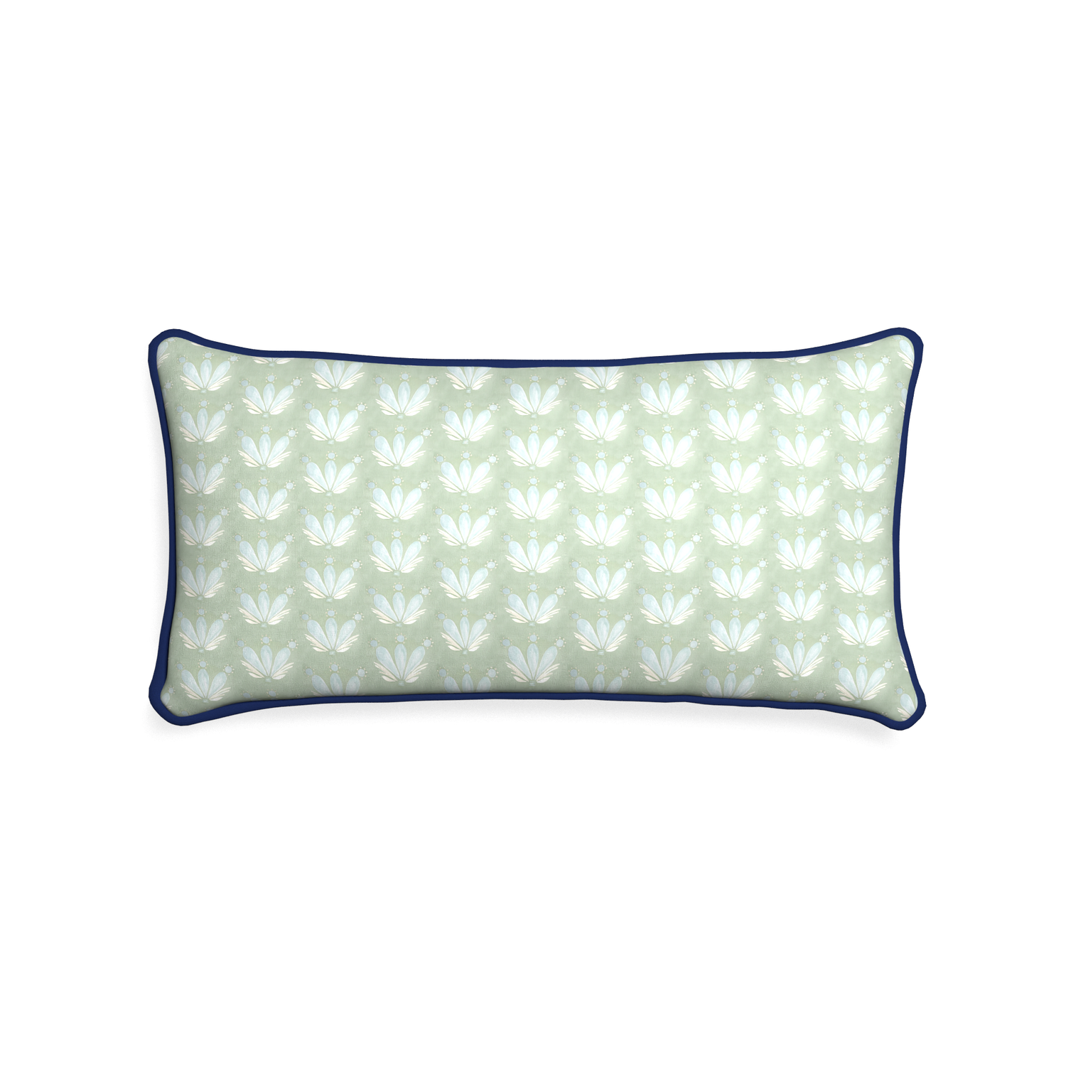 Midi-lumbar serena sea salt custom blue & green floral drop repeatpillow with midnight piping on white background
