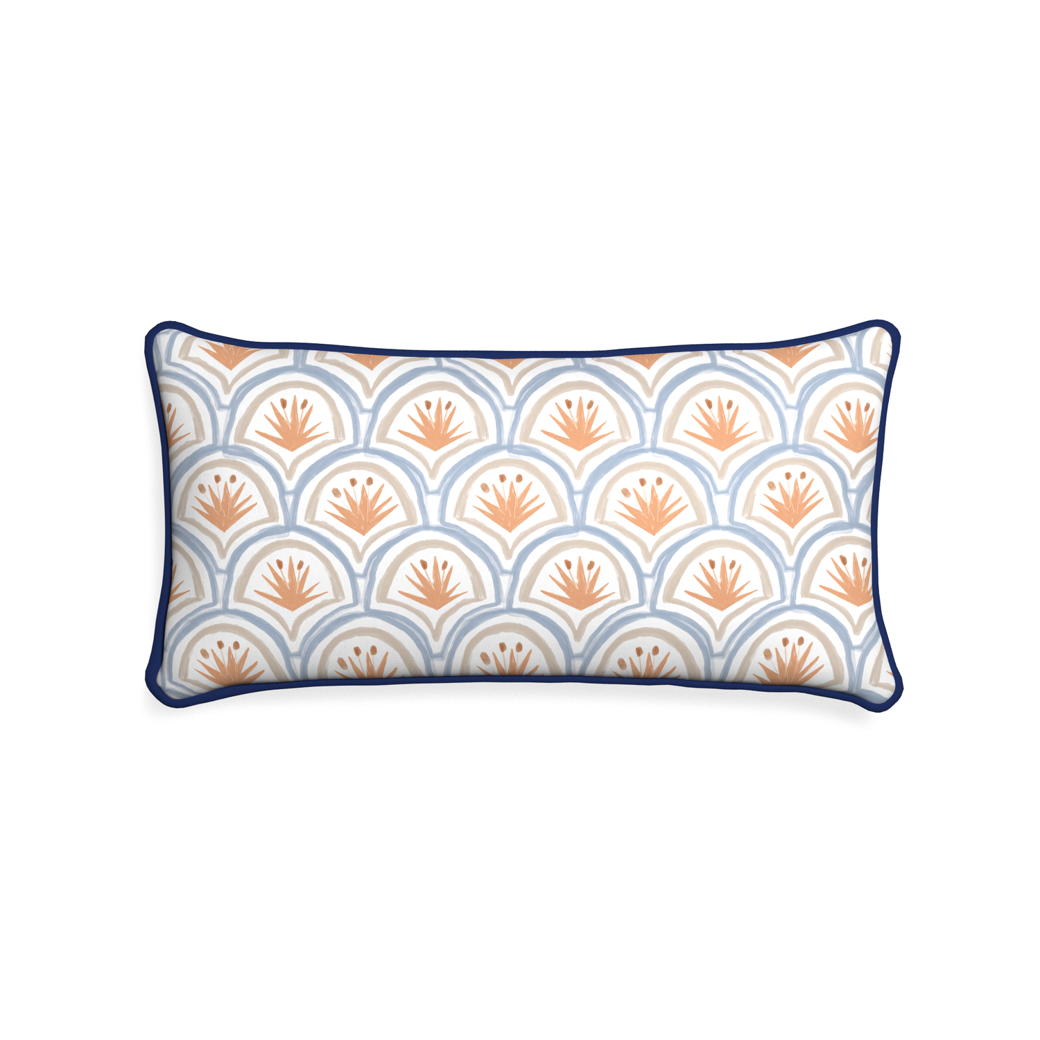 Midi-lumbar thatcher apricot custom art deco palm patternpillow with midnight piping on white background