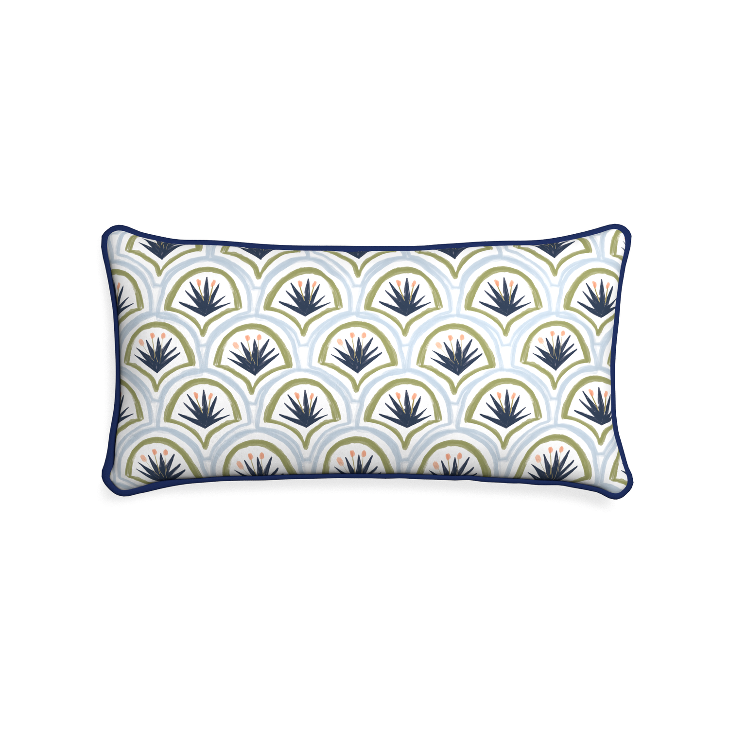 Midi-lumbar thatcher midnight custom art deco palm patternpillow with midnight piping on white background