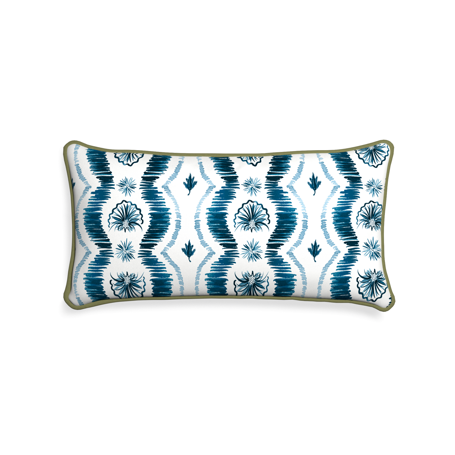 rectangle blue ikat pillow with moss green piping