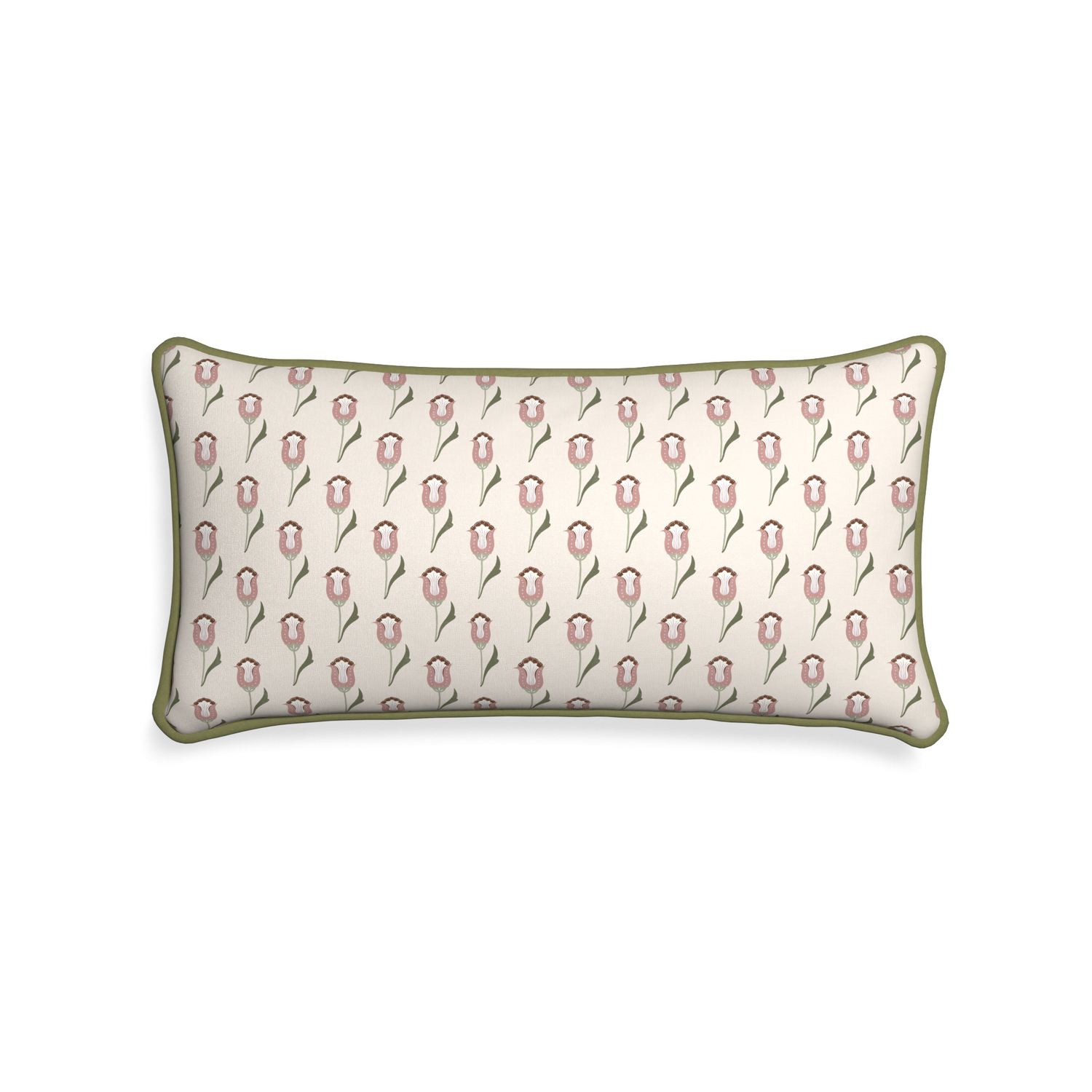 rectangle cream pillow with pink tulips and moss green piping