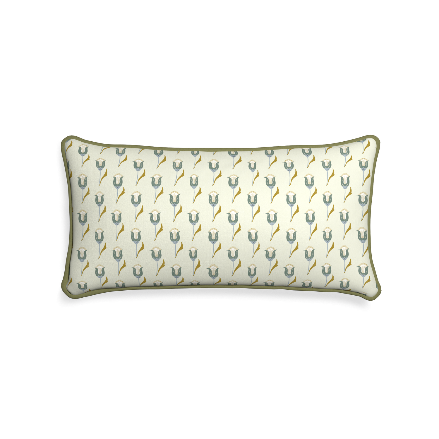 rectangle cream pillow with blue tulips and moss green piping