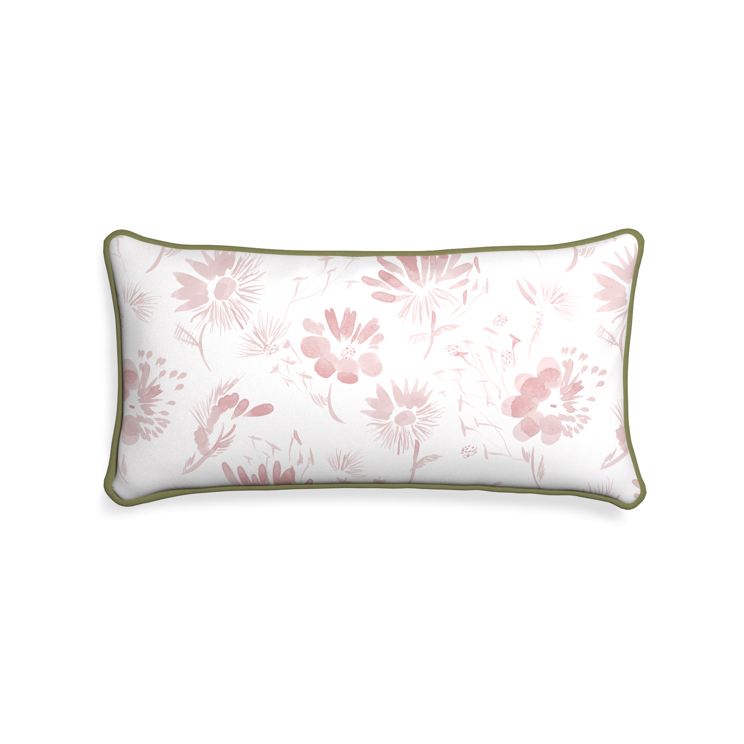 rectangle pink floral pillow with moss green piping