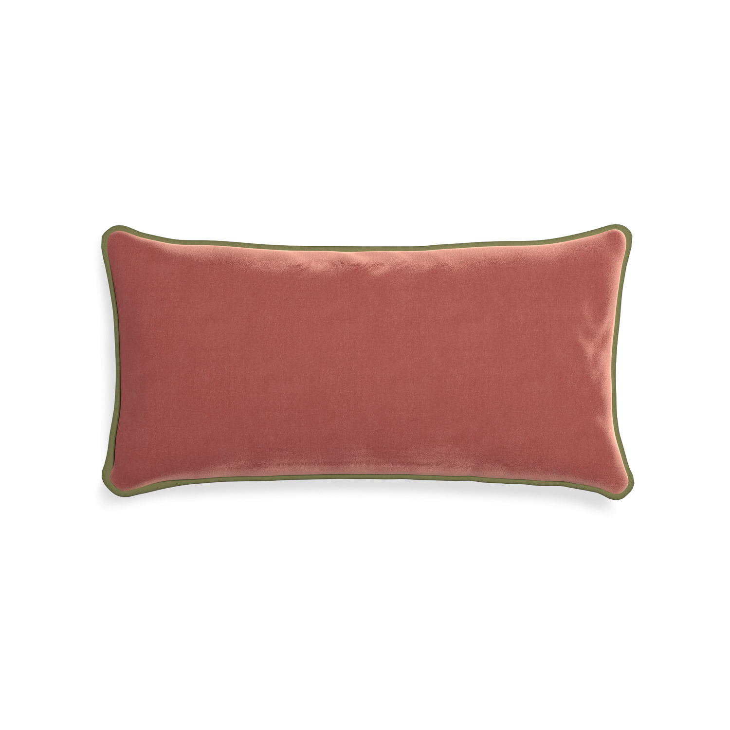 rectangle coral velvet pillow with moss green piping 