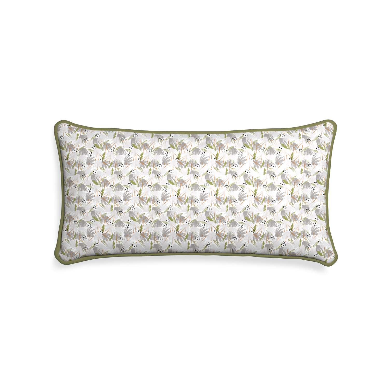 rectangle grey floral pillow with moss green piping