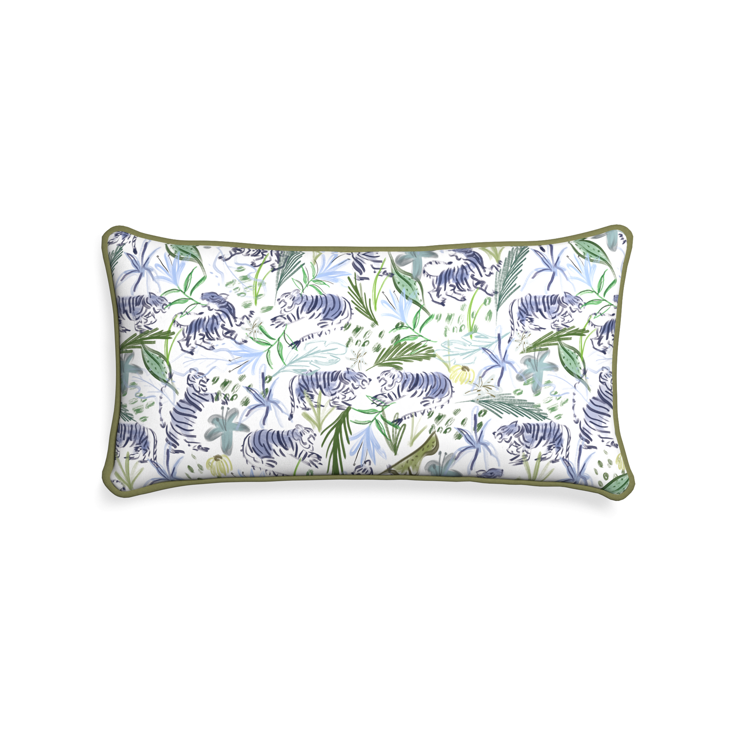 rectangle green chinoiserie tiger pillow with moss green piping 