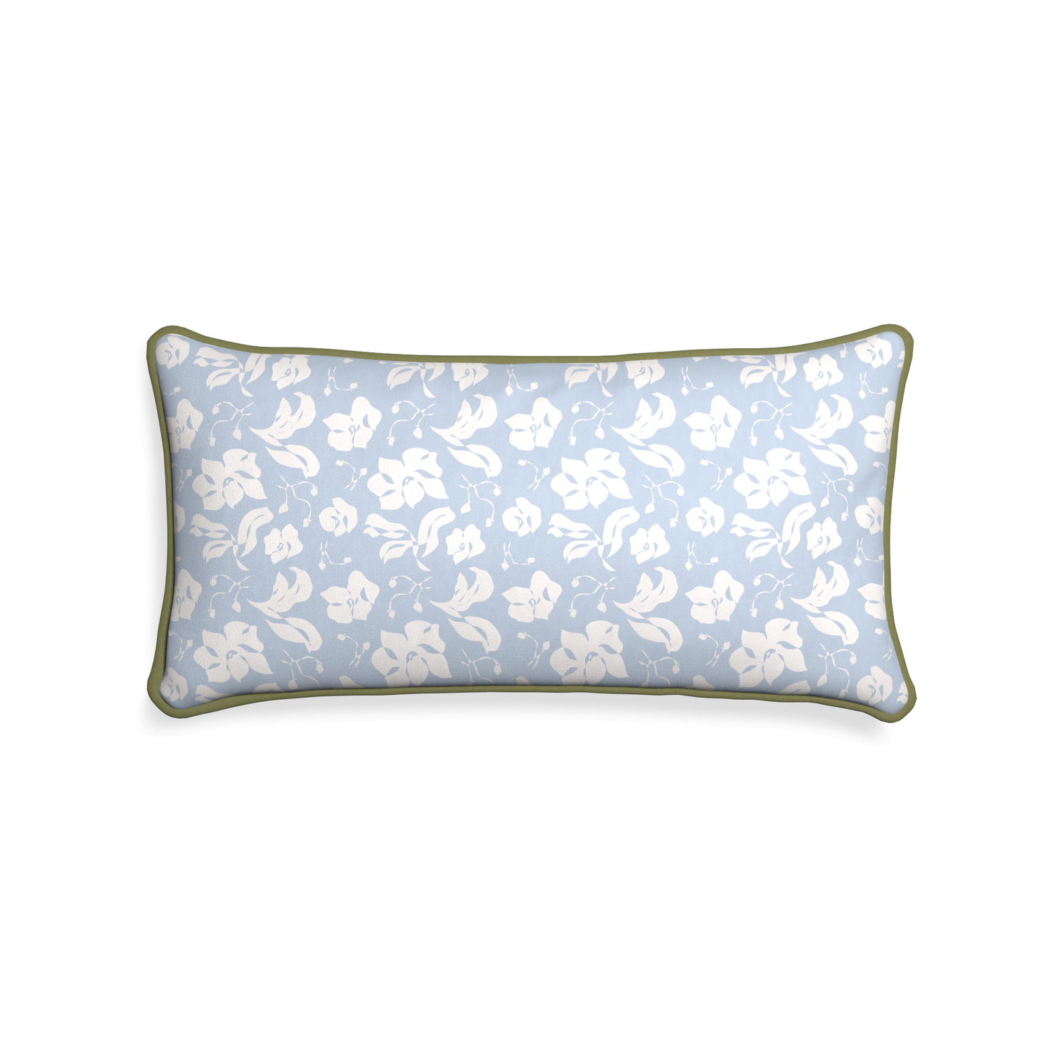 rectangle cornflower blue floral pillow with moss green piping