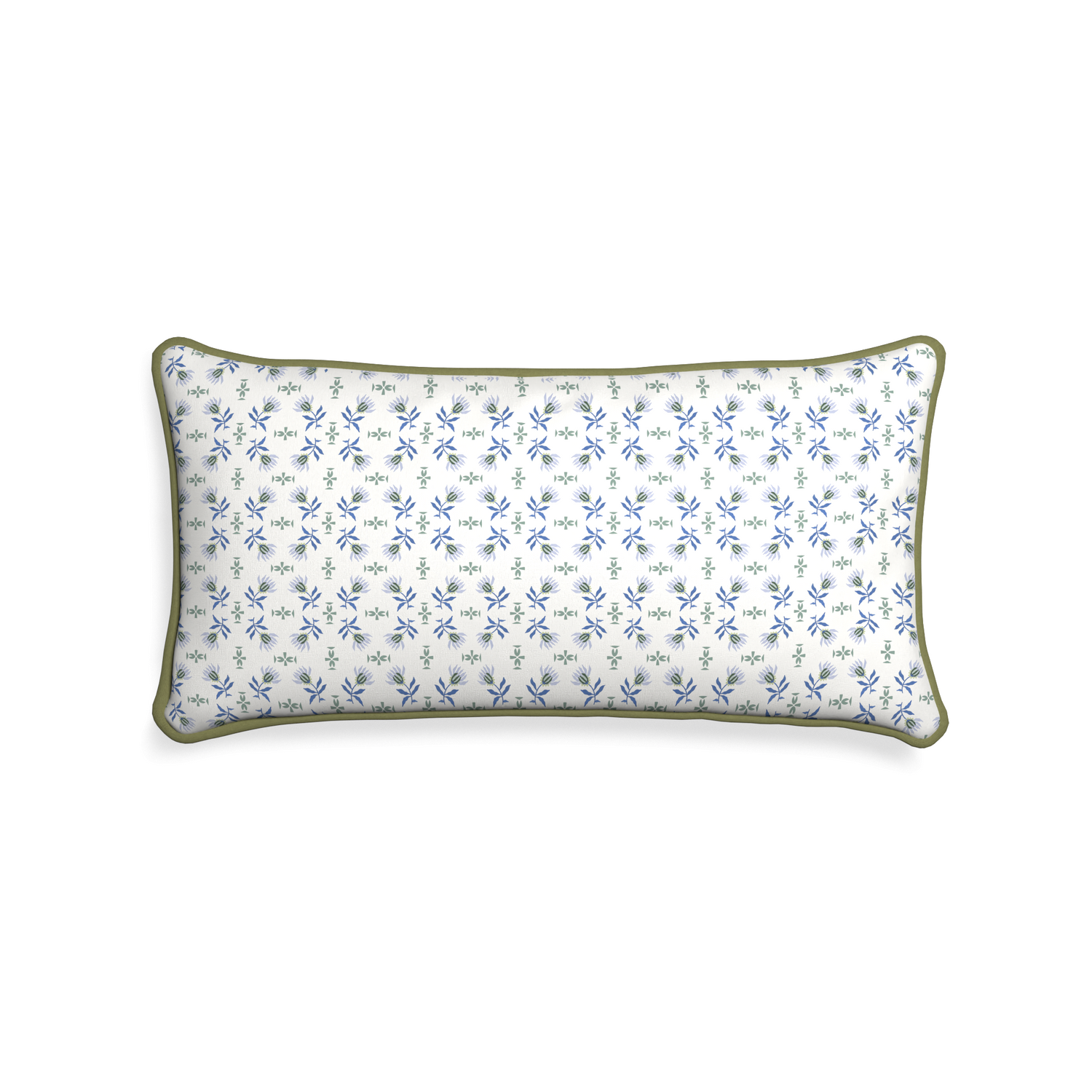 rectangle blue and green floral pillow with moss green piping