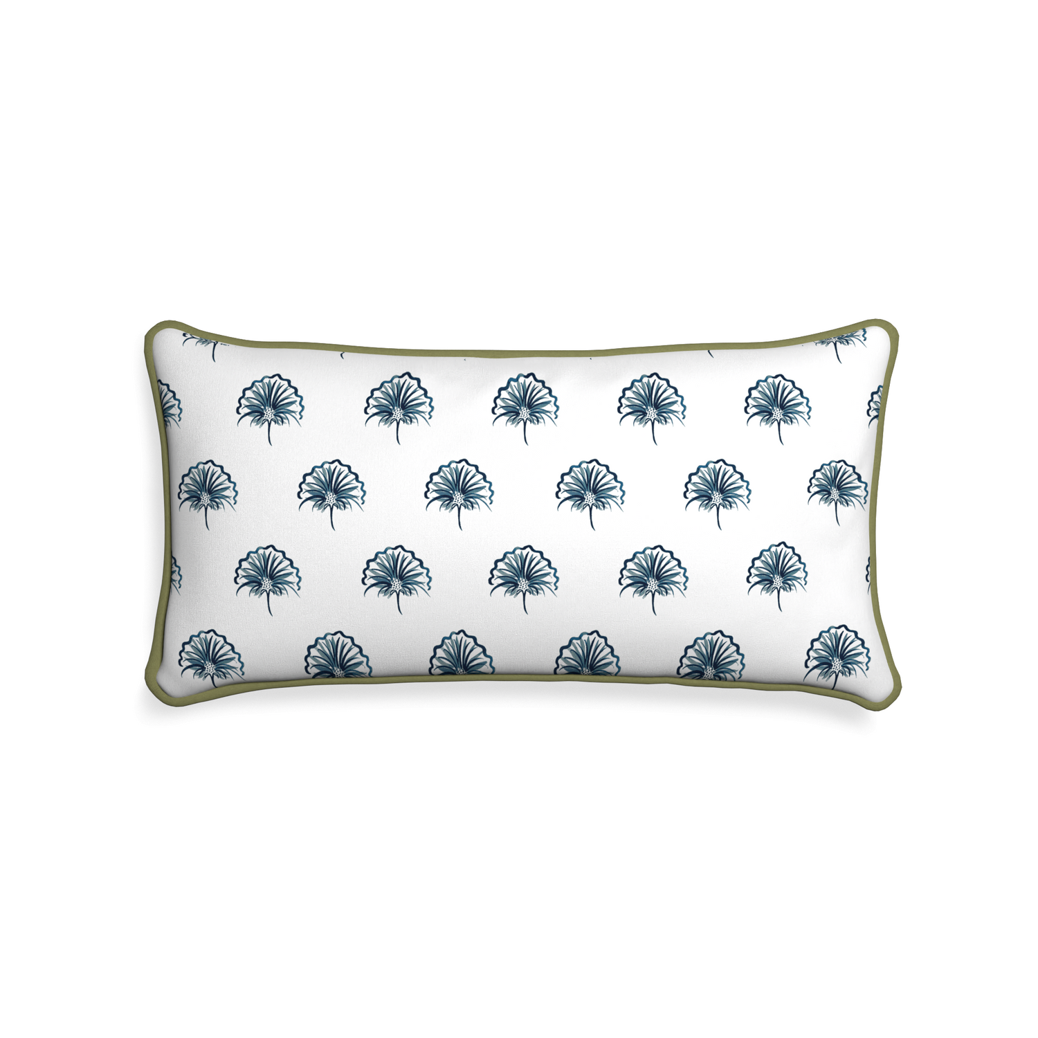 rectangle navy floral pillow with moss green piping